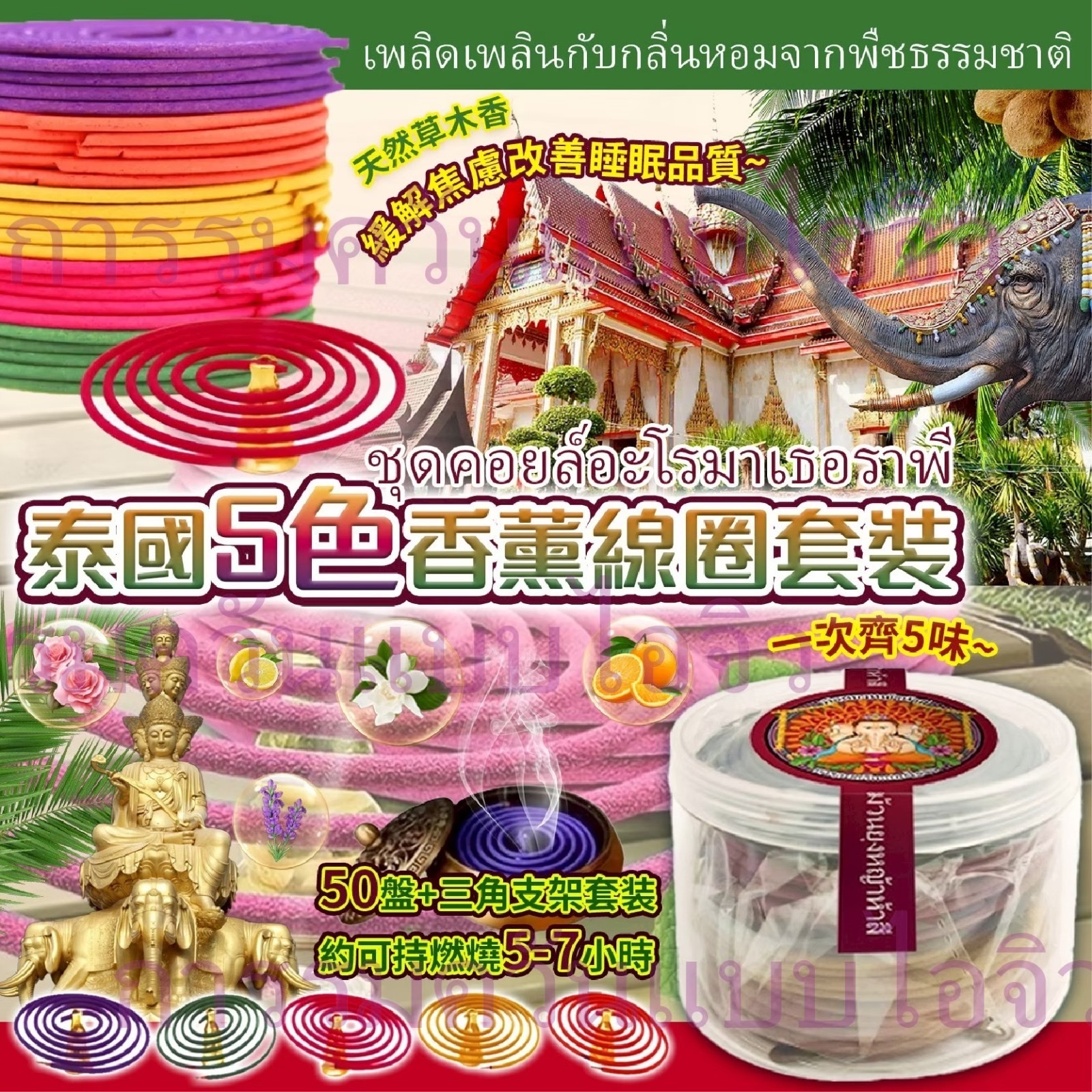 泰國การรมควันแบบไอจิว 5色香薰線圈套裝 一盒50盤