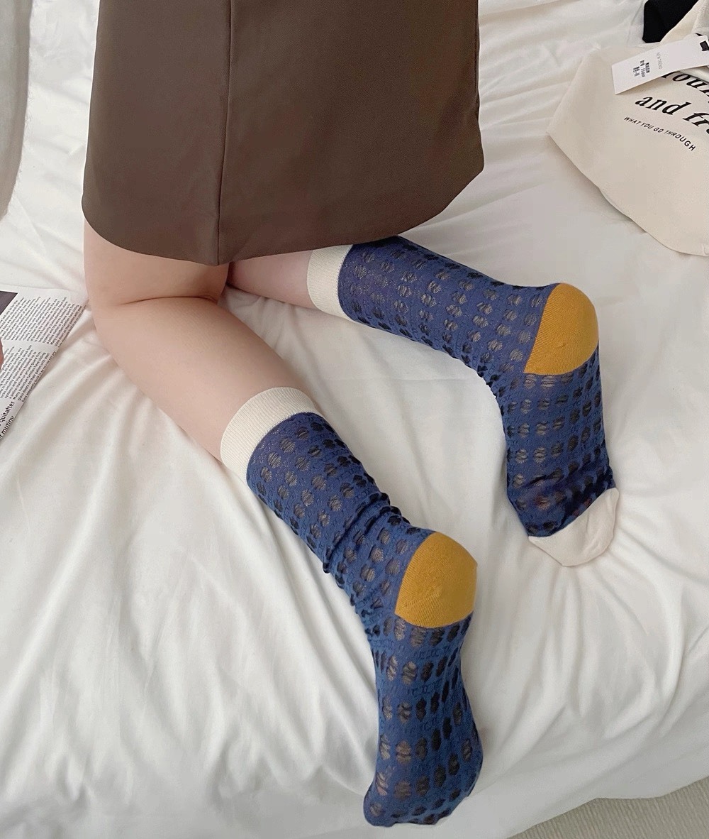 ins風拼色鏤空水晶襪