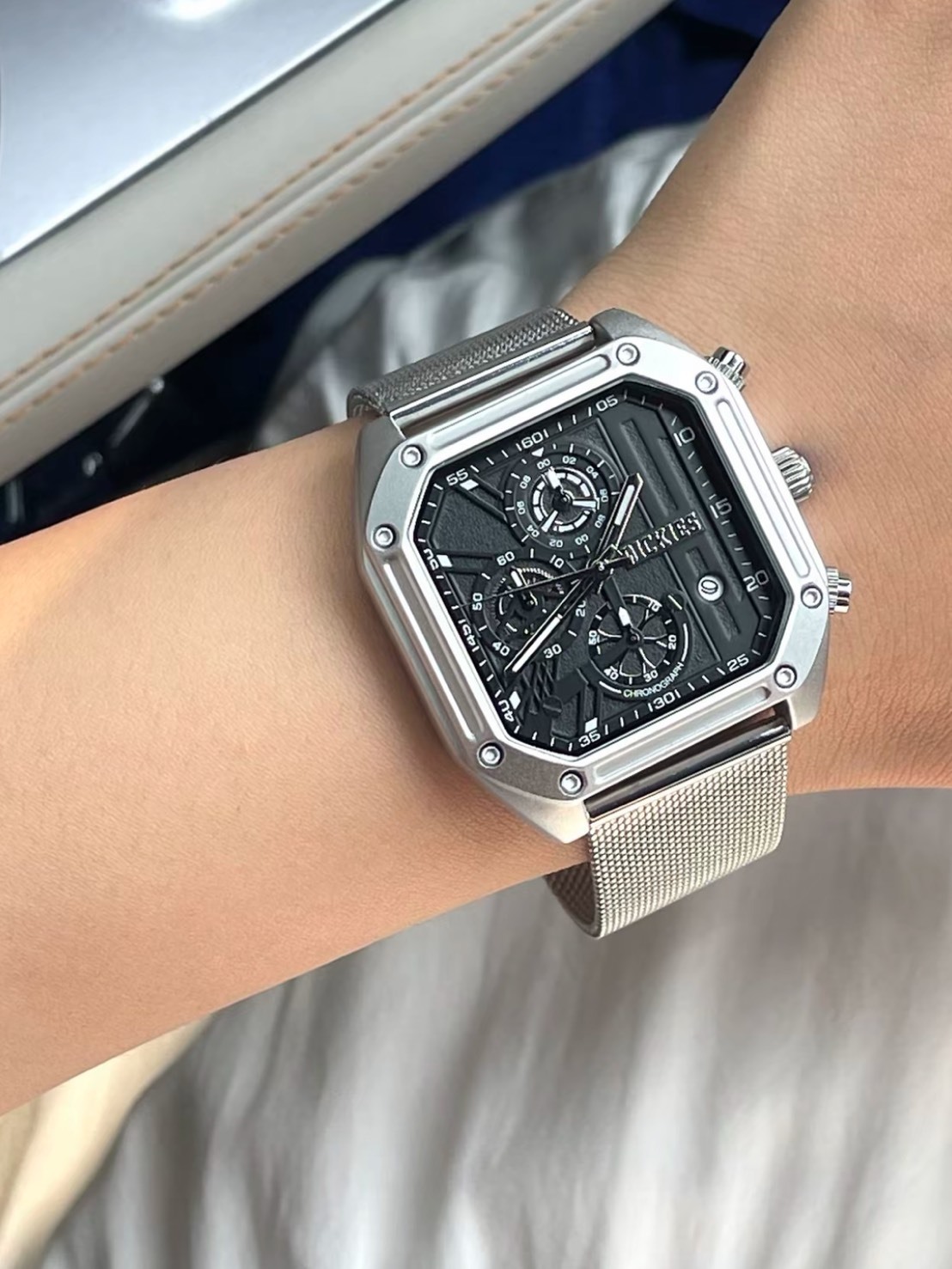 DICKIES 石英機芯 三眼計時 鋼帶 小方塊手錶