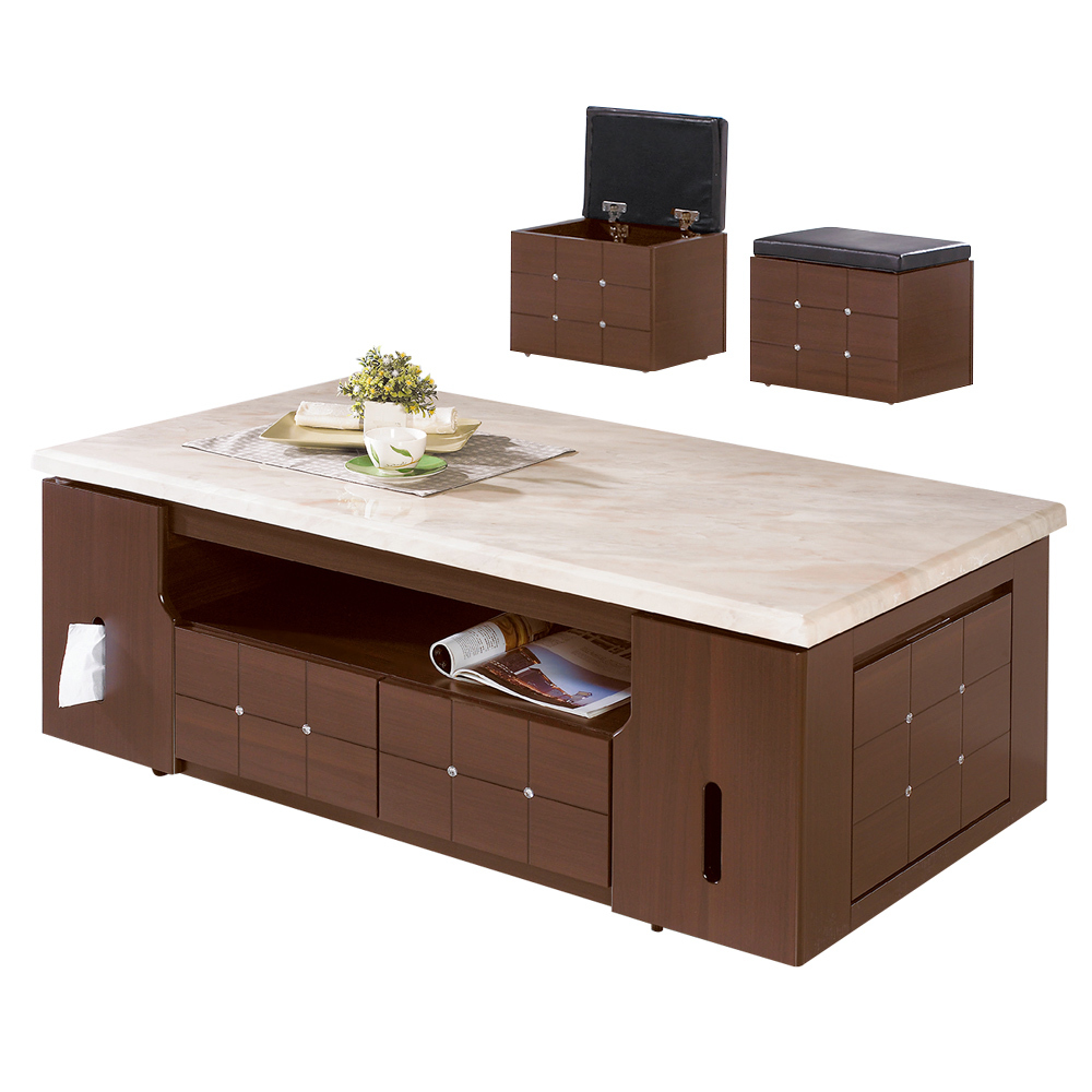 羅瑞克4.3尺石面大茶几(附收納椅凳2入)