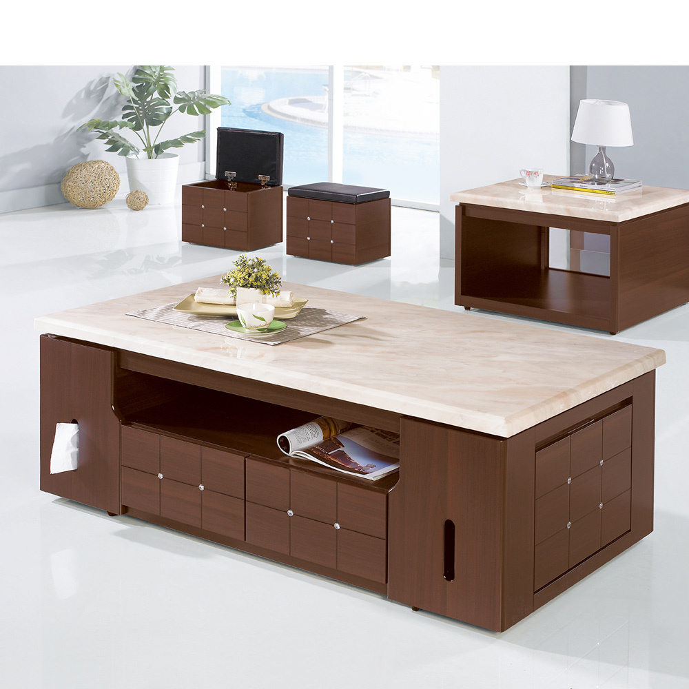 羅瑞克4.3尺石面大茶几(附收納椅凳2入)