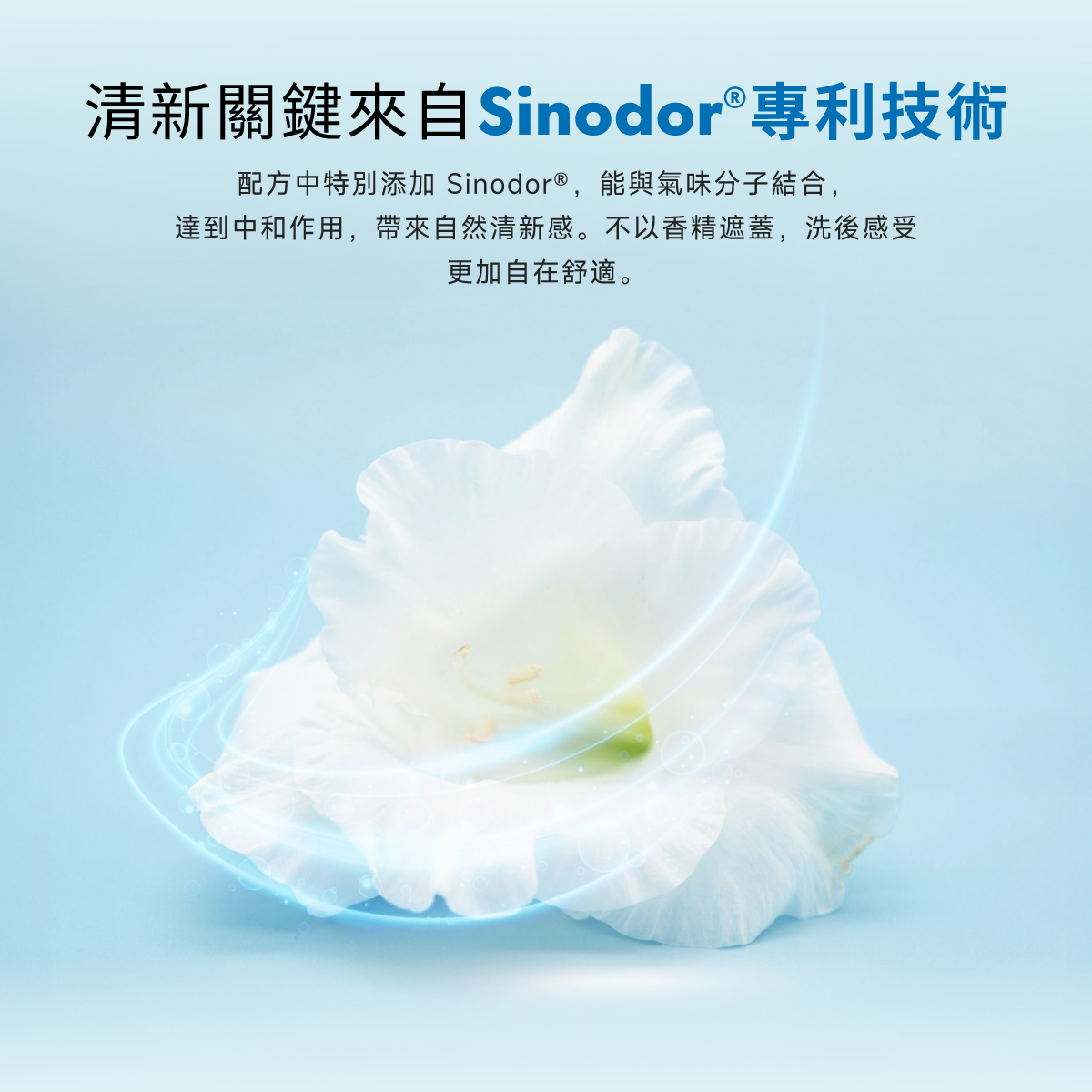 清新關鍵來自Sinodor專利技術,能與氣味分子結合,達到中和作用,帶來自然清新感。不以香精遮蓋,洗後感受更加自在舒適