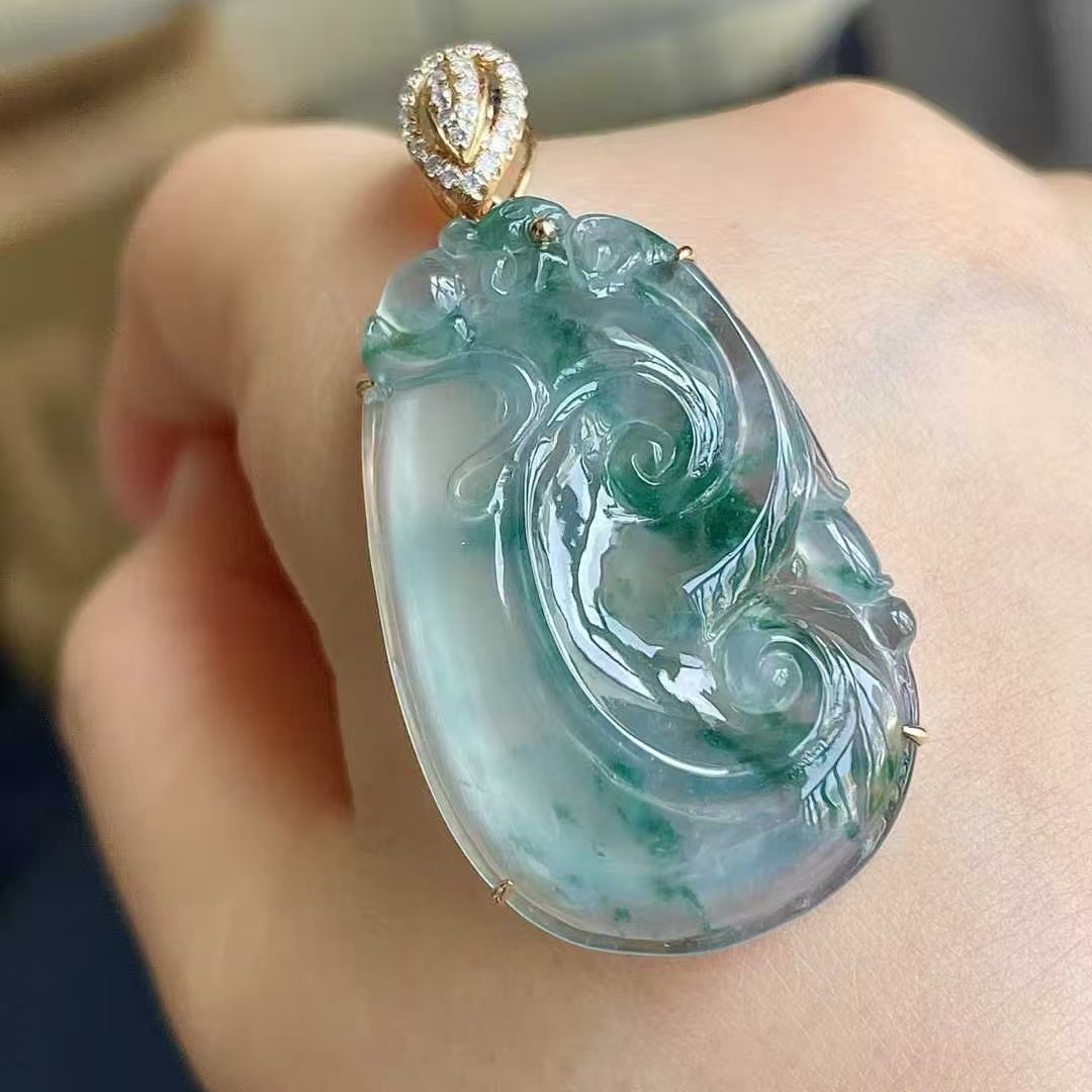 翡翠高冰飄花如意吊墜,天然翡翠A玉, 緬甸玉, Jade, Jadeite
