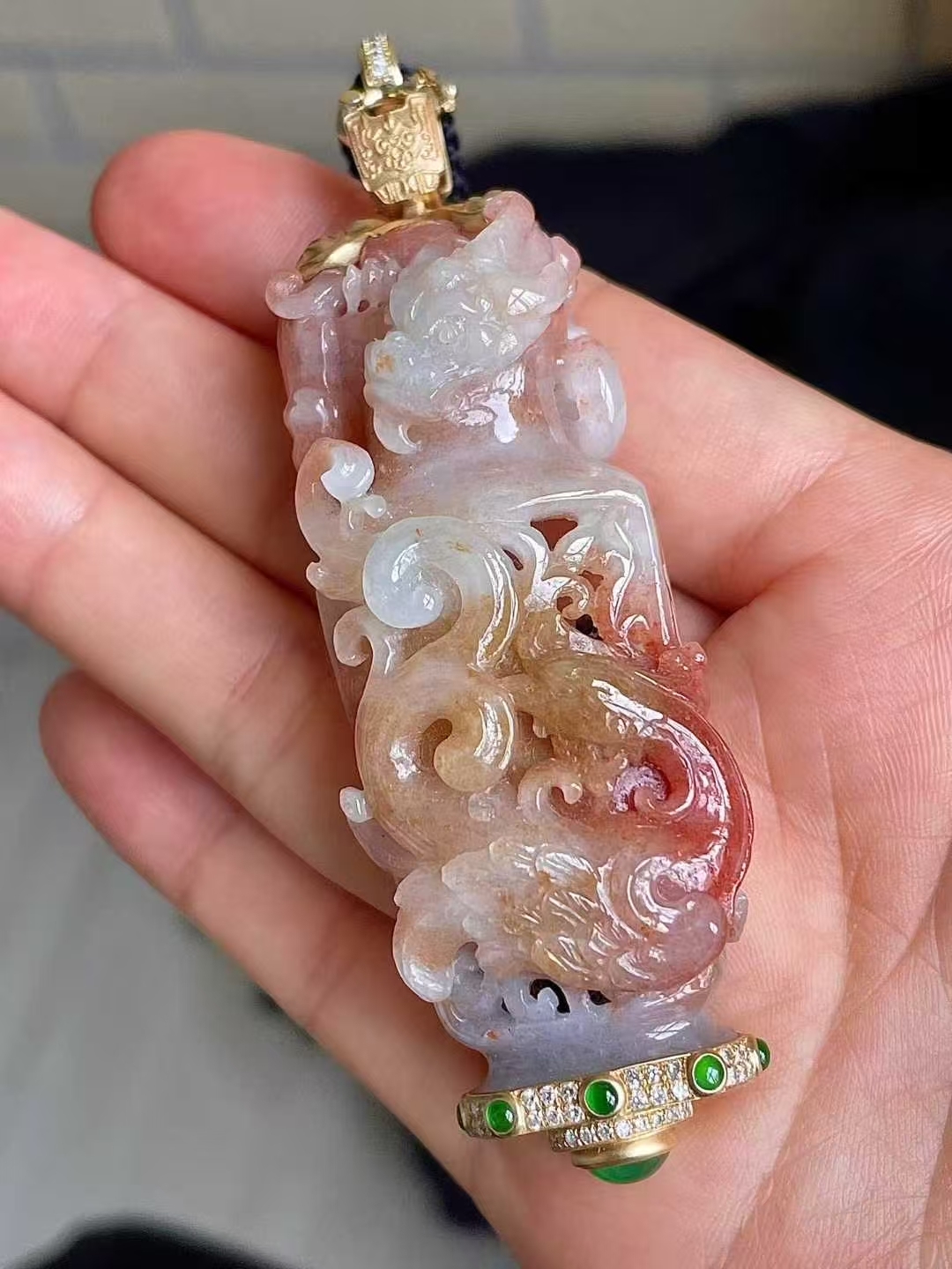 726356 翡翠冰紅雕花龍鳳呈祥吊墜