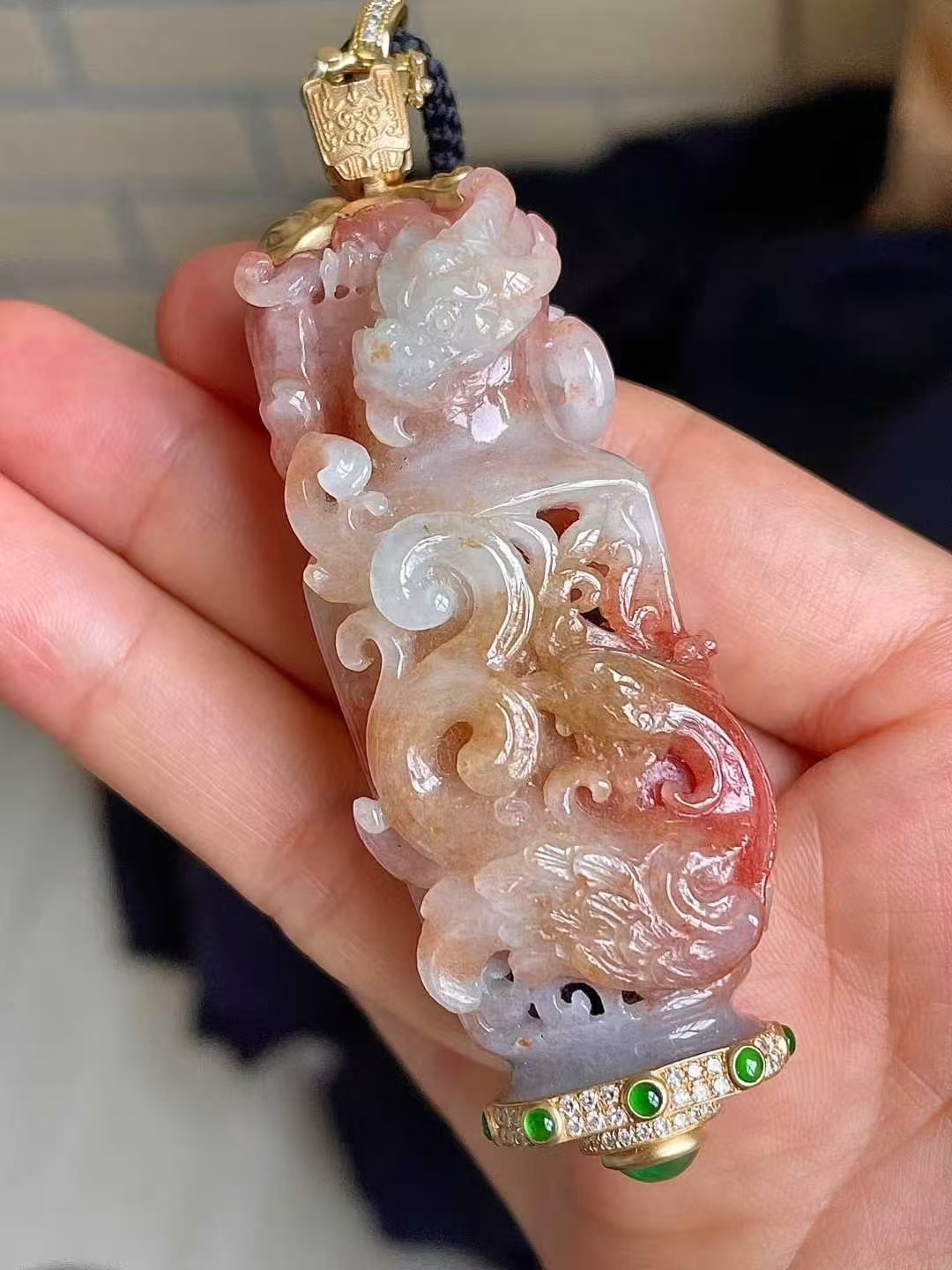 翡翠冰紅雕花龍鳳呈祥吊墜,天然翡翠A玉, 緬甸玉, Jade, Jadeite