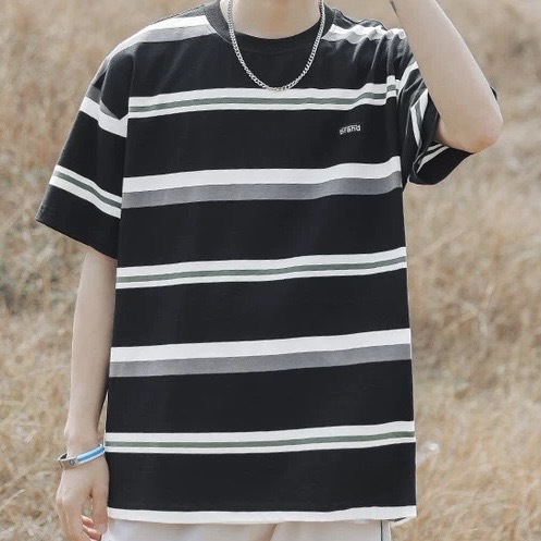 Brand 粗條紋圓領寬鬆短T H1008