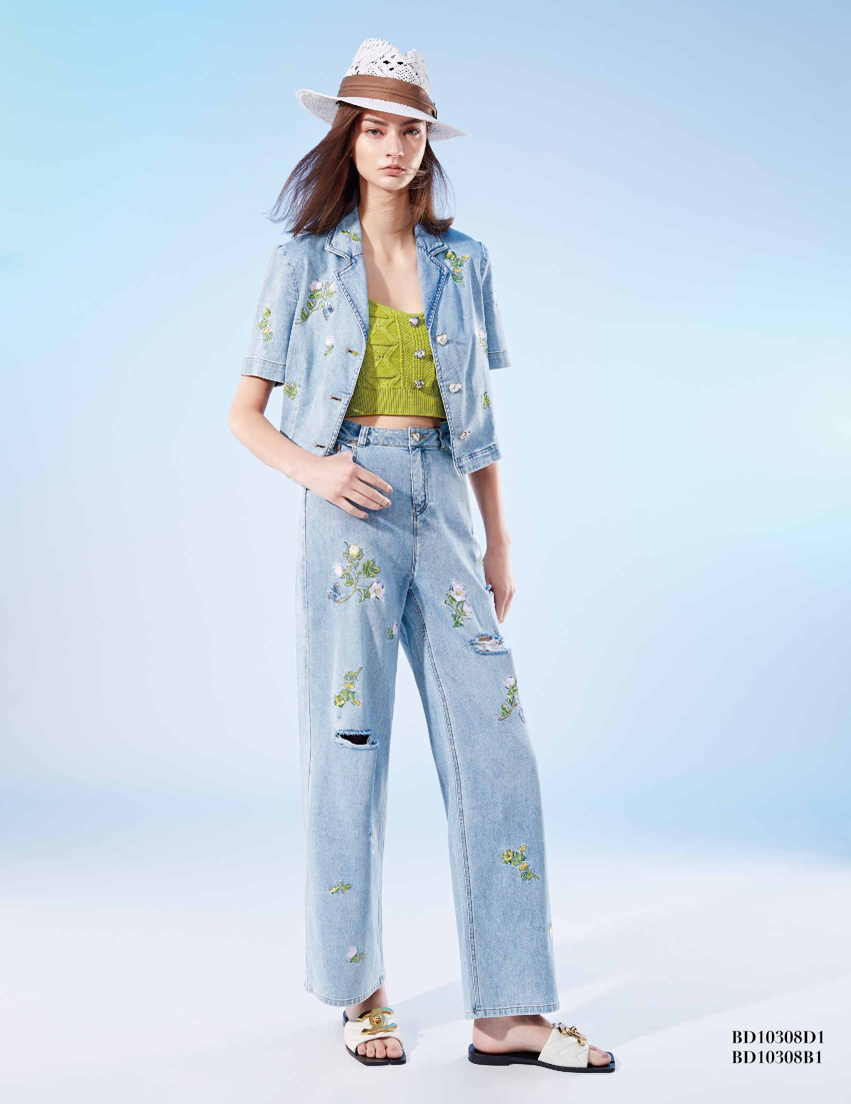 BD10308D1 刺繡牛仔古巴領短版襯衫式外套