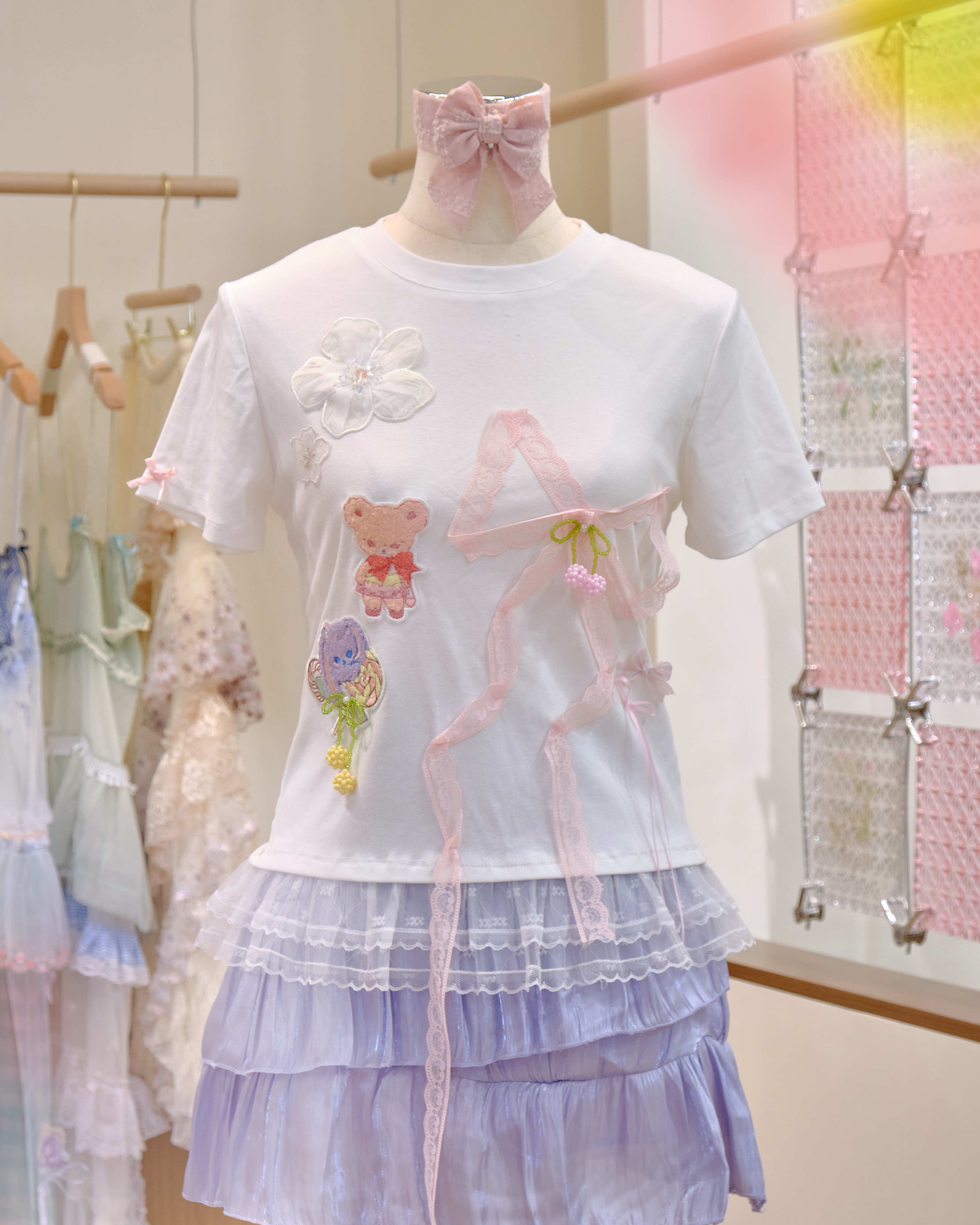 12571 Embroidered Lace Ribbon T-Shirt Top