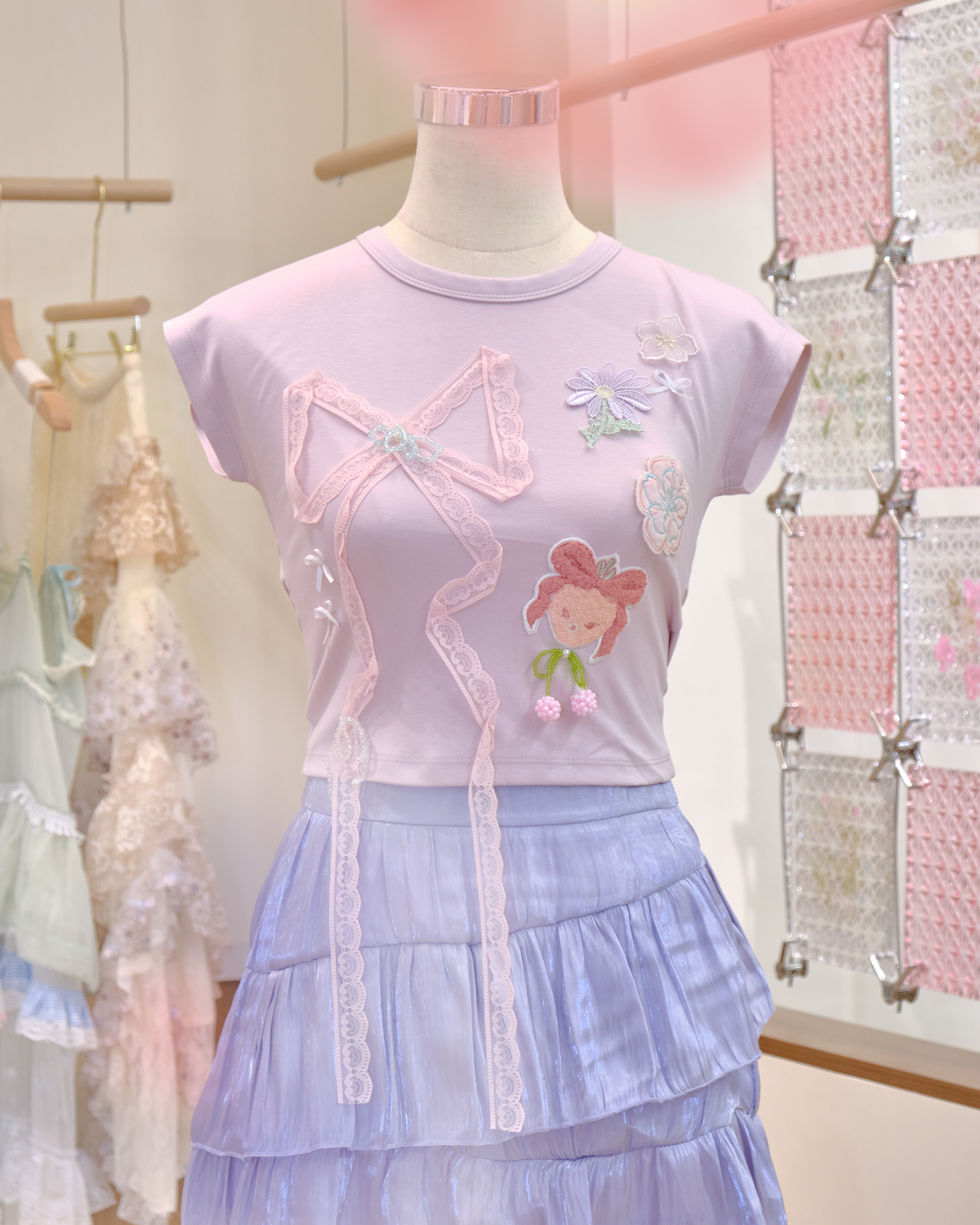 12570 Embroidered Lace Ribbon T-Shirt Top