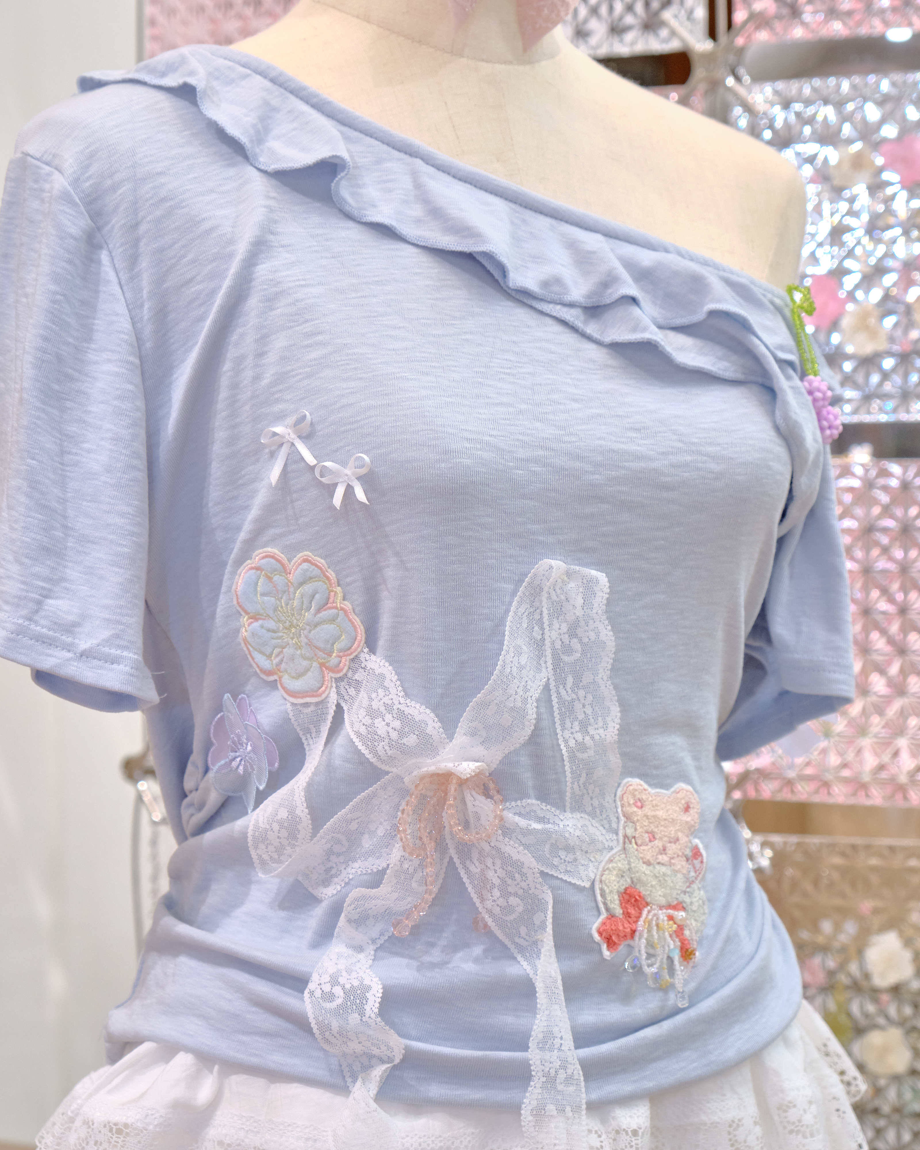 12574 Embroidered Lace Ribbon Off-Shoulder T-Shirt Top