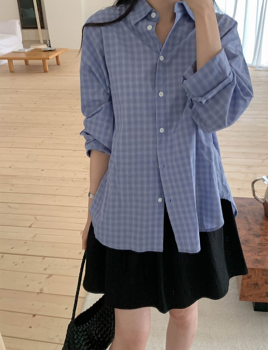 韓國Cherrykoko授權 輕暖氛圍格紋微寬版型長袖襯衫
