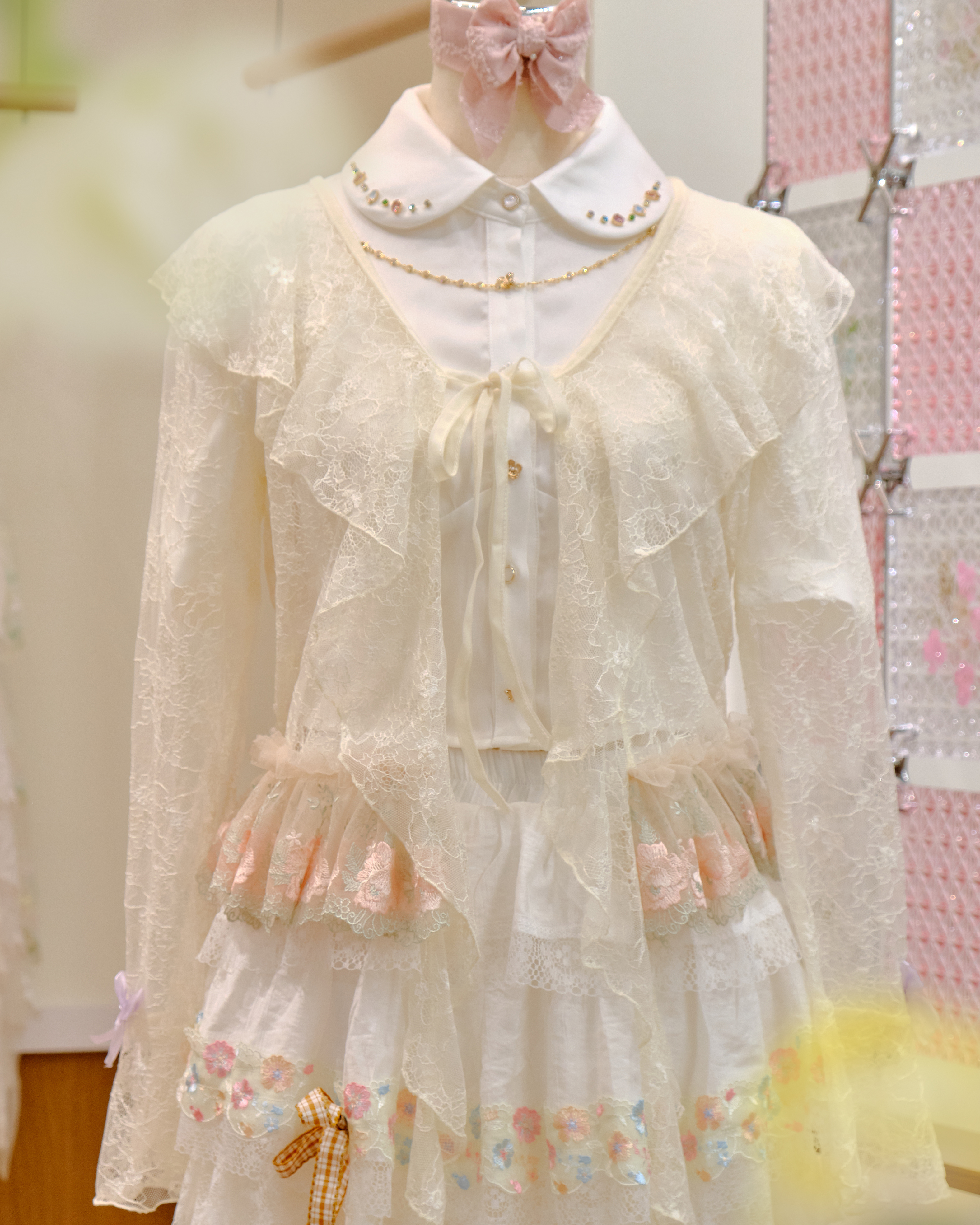 12642 Lace Ruffle Collar Flared Sleeve Thin Jacket with Cute Rabbit Ears