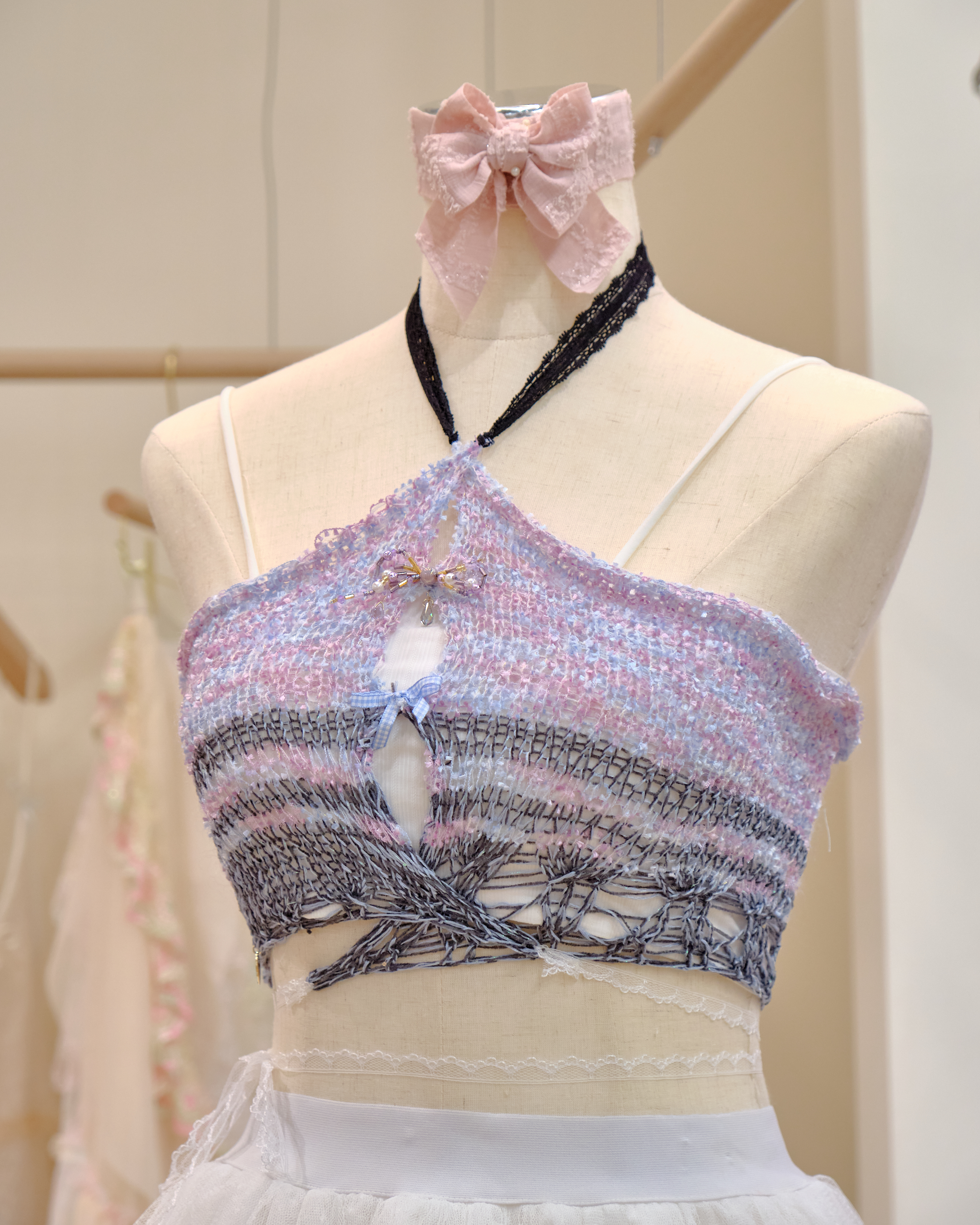 12648 Hand-Knitted Sexy High-Waist Tie-Neck Top