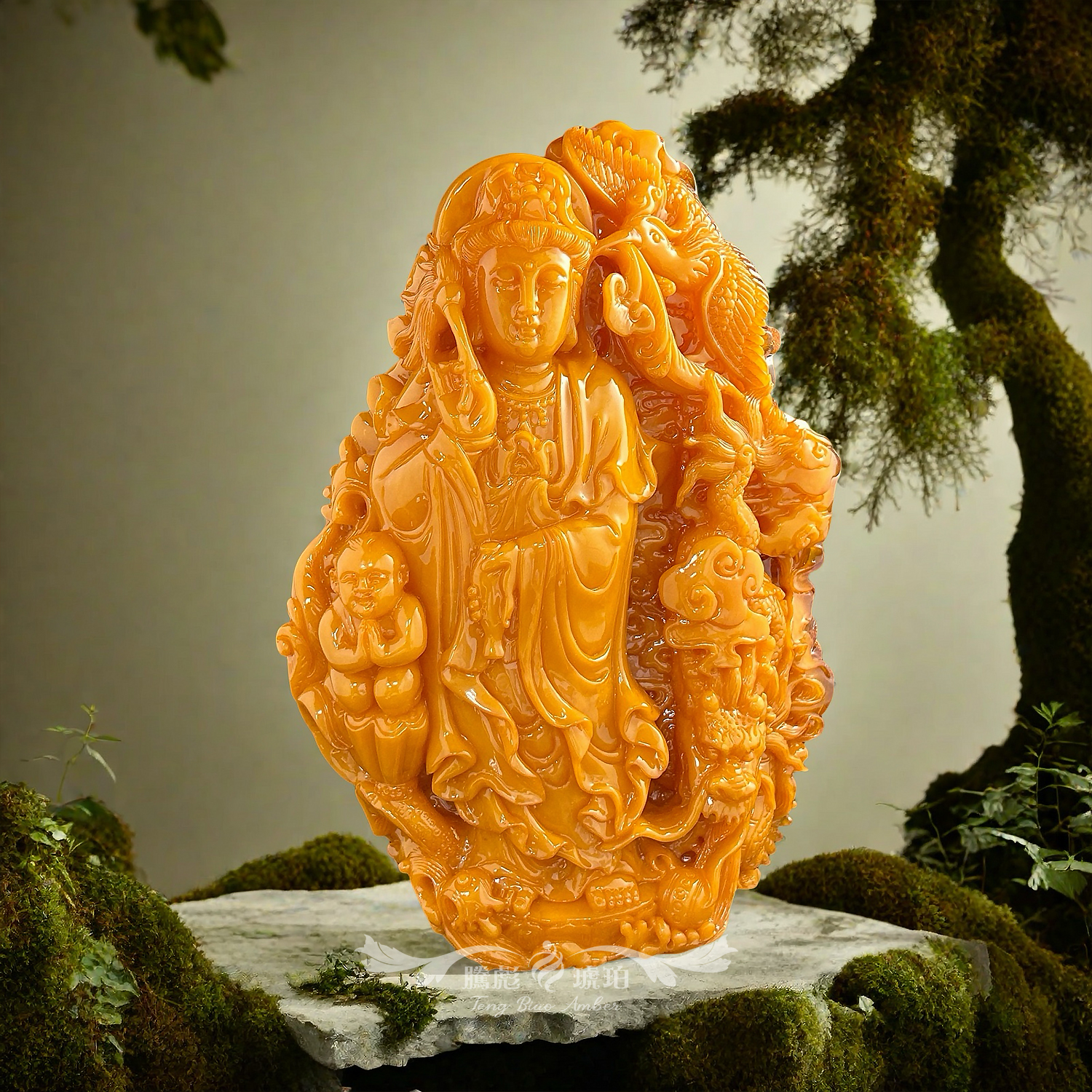 館藏級天然留皮波羅的海老蜜蠟童子龍鶴觀音擺件