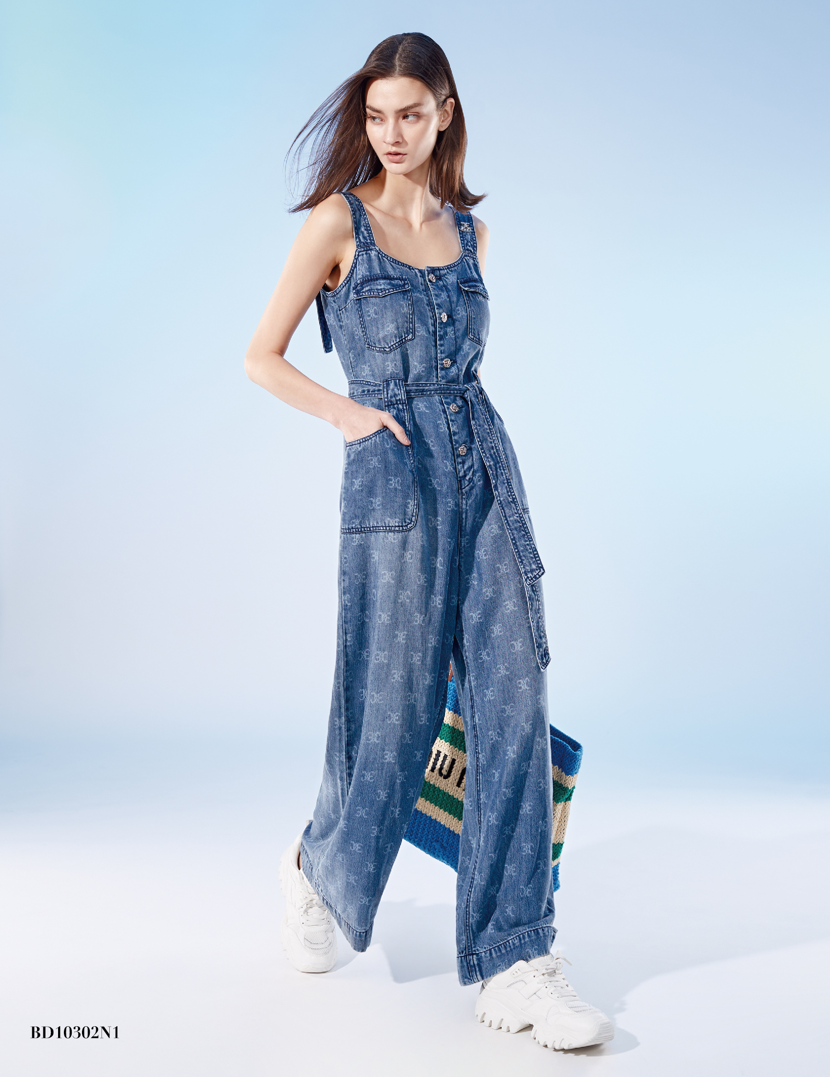 BD10302N1 水手條紋激光logo花連身寬褲 (附腰帶)