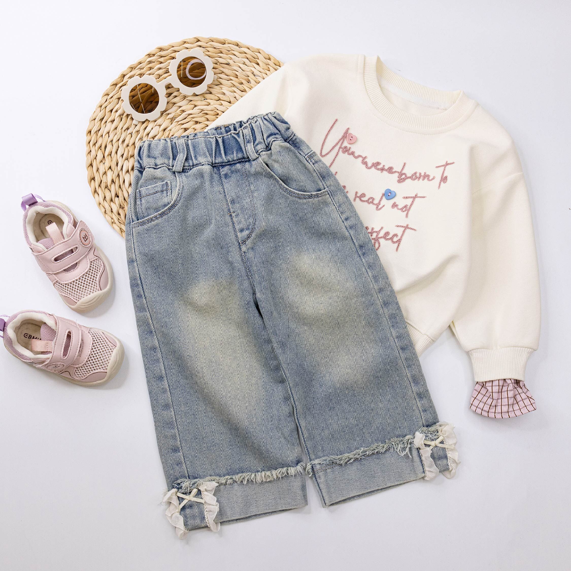 【H55108】氣質荷葉拼接抽鬚直筒牛仔褲