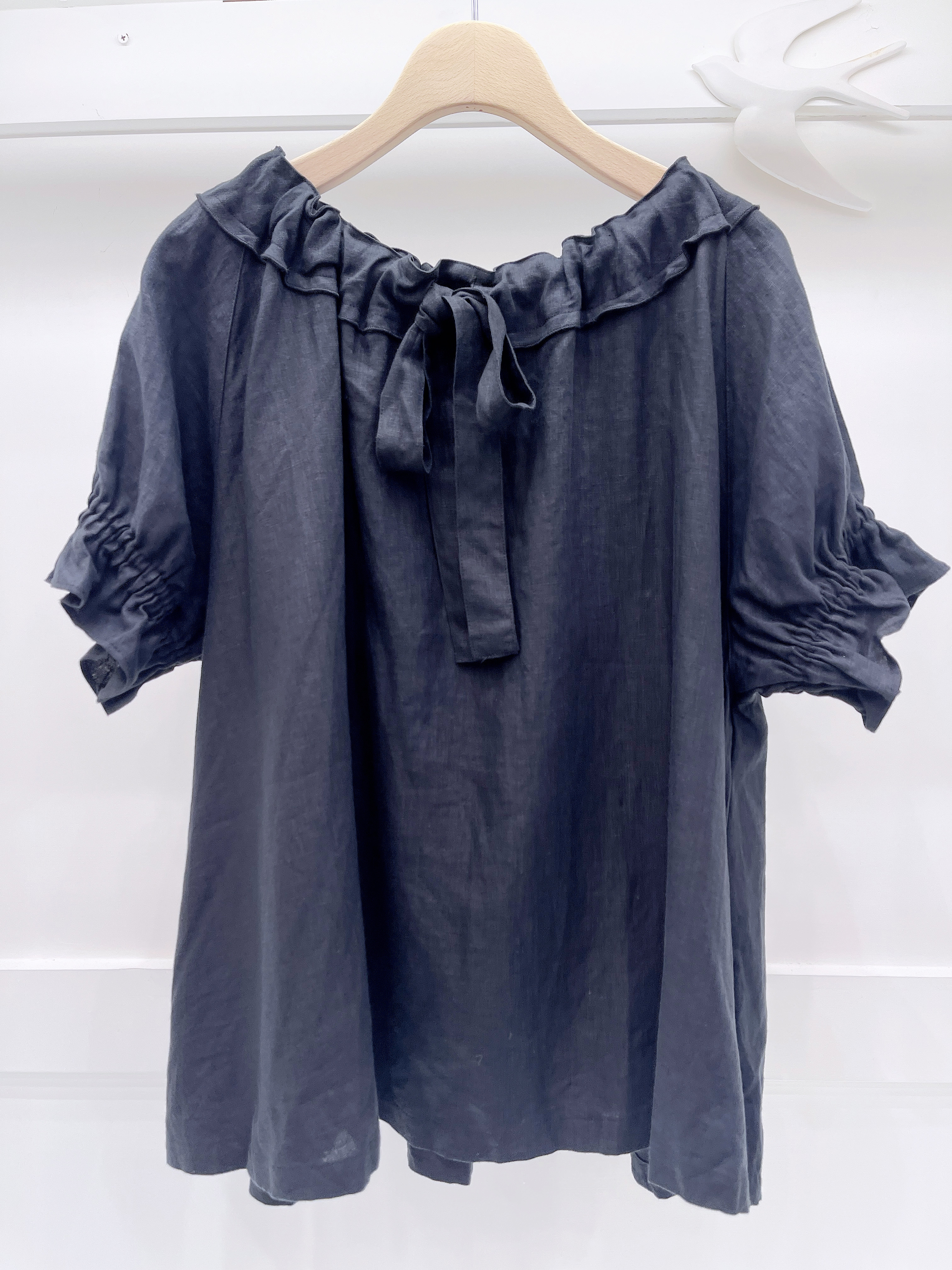 胸綁蝴蝶結麻料短袖上衣