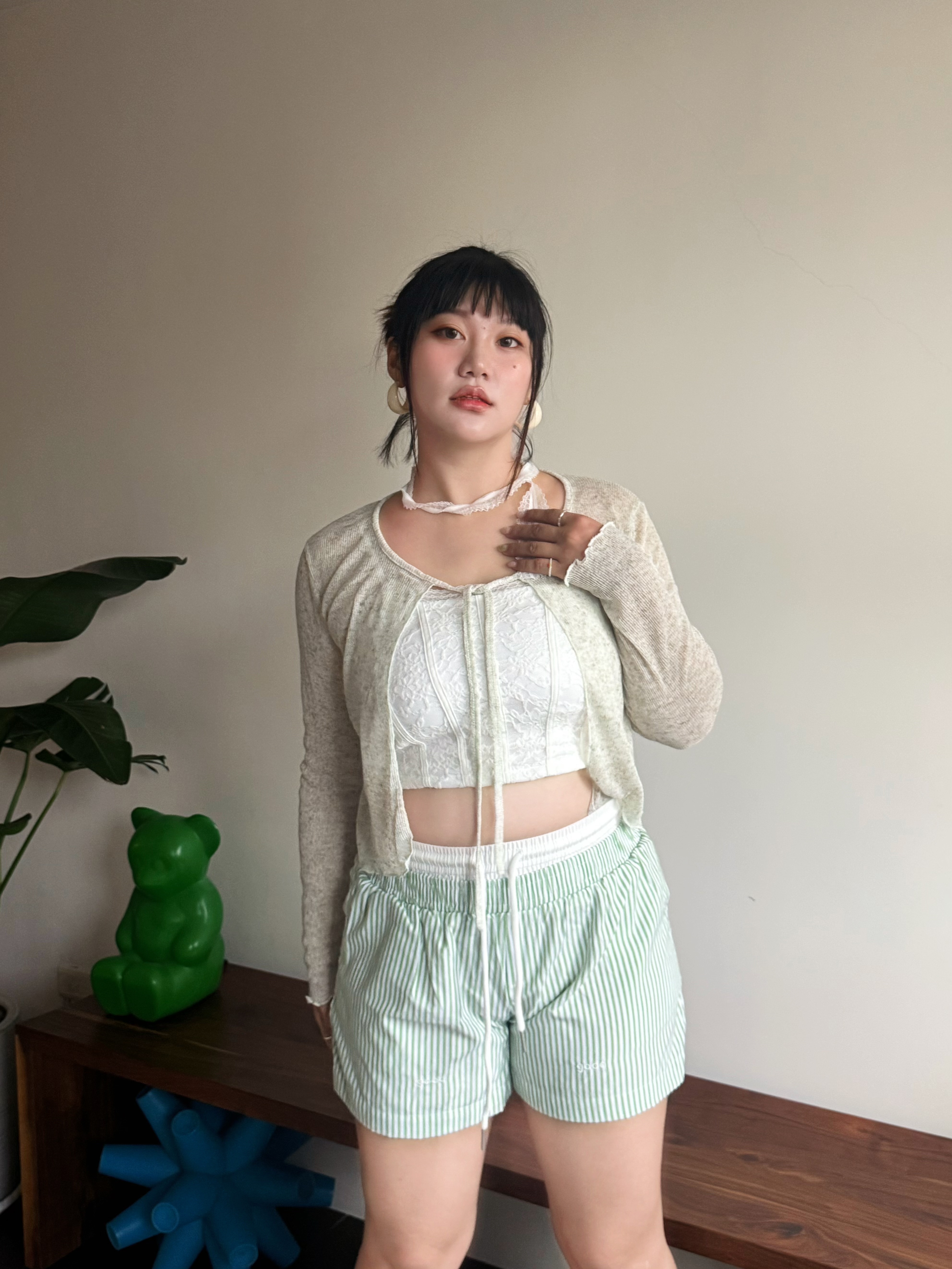 B10慵懶時髦 美式條紋短褲（藍/綠）