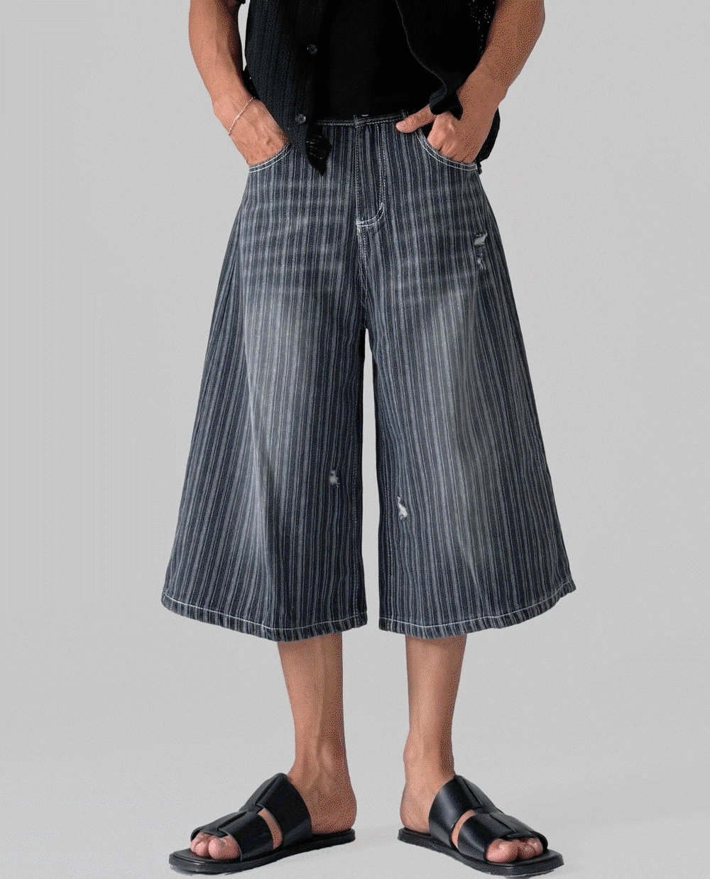 迪爾條紋百慕達牛仔短褲