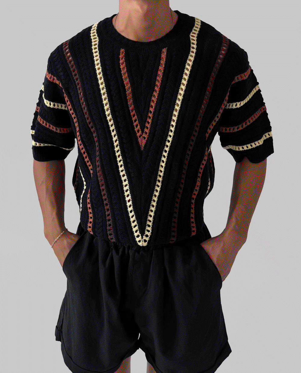 梅伊鏤空拼色短袖針織衫