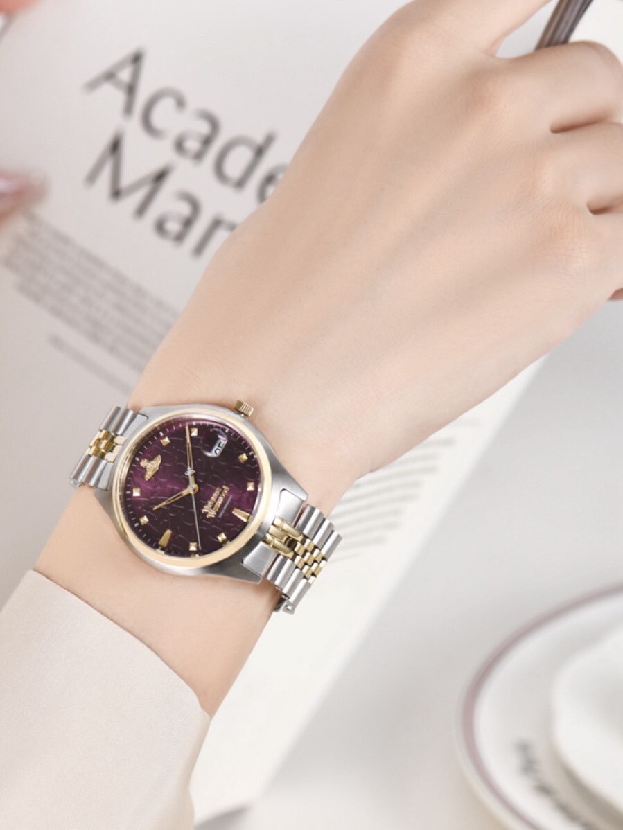 Vivienne Westwood 半金浮雕土星LOGO手錶 紫羅蘭錶盤