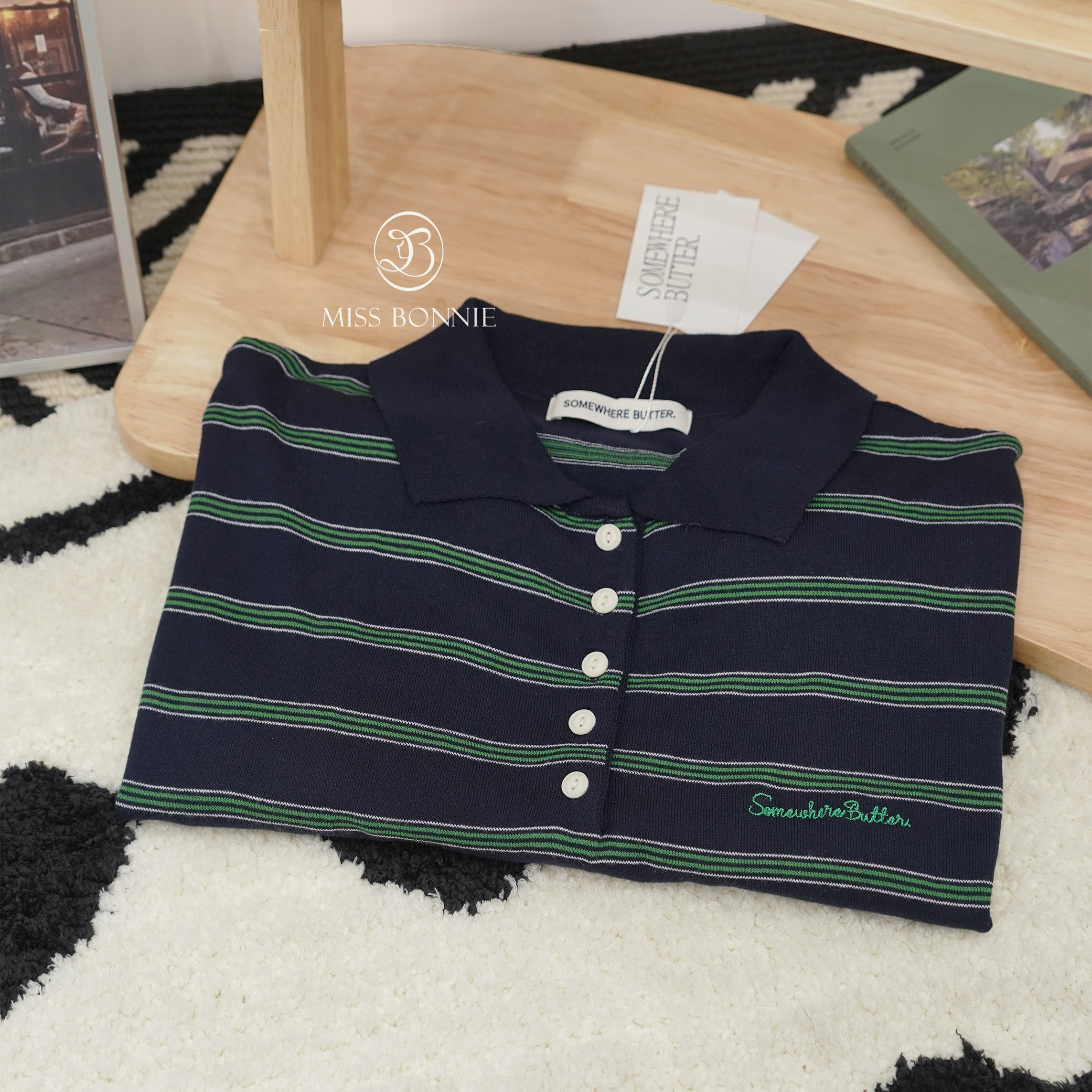 SOMEWHERE BUTTER POLO領條紋針織長版短袖上衣