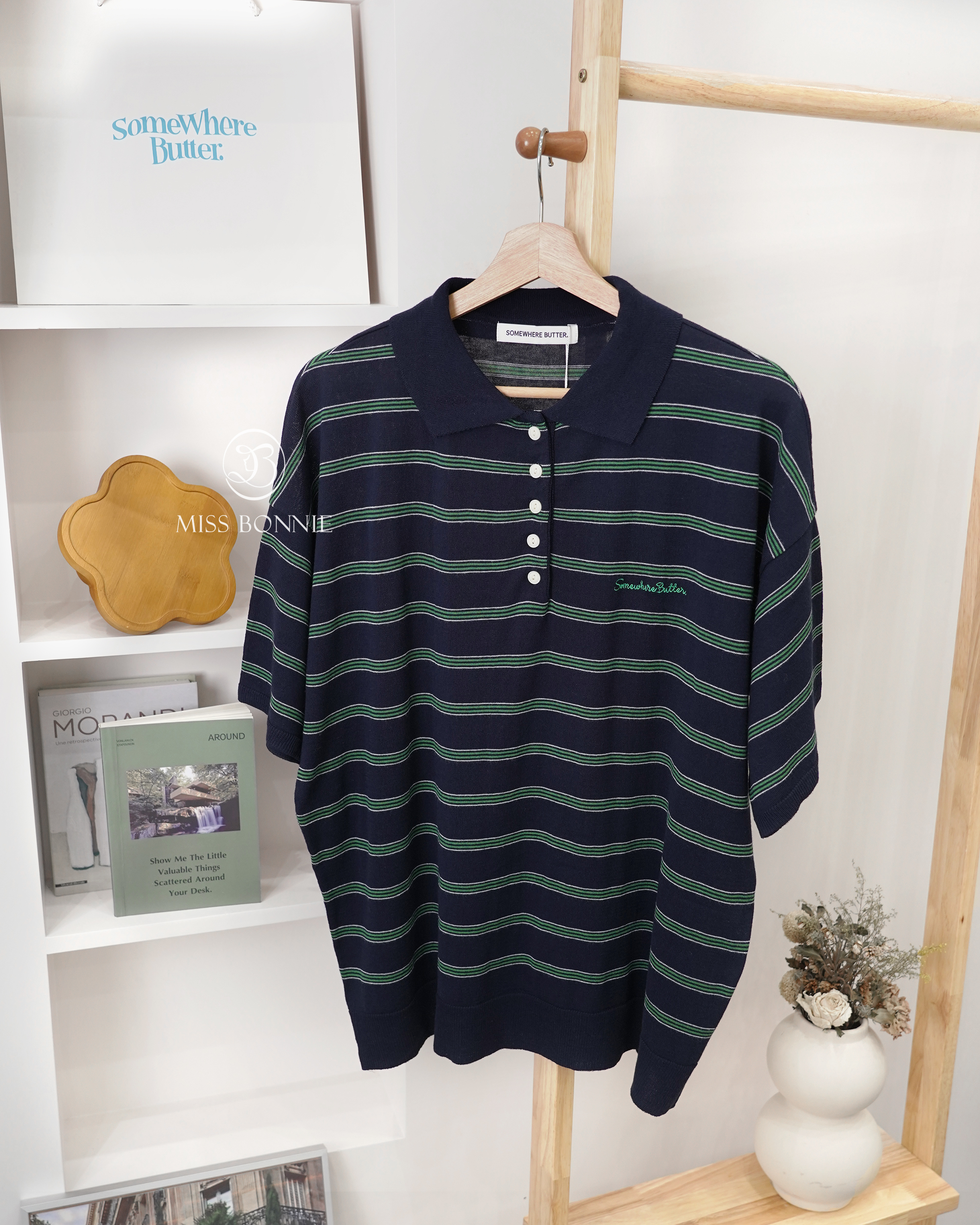 SOMEWHERE BUTTER POLO領條紋針織長版短袖上衣