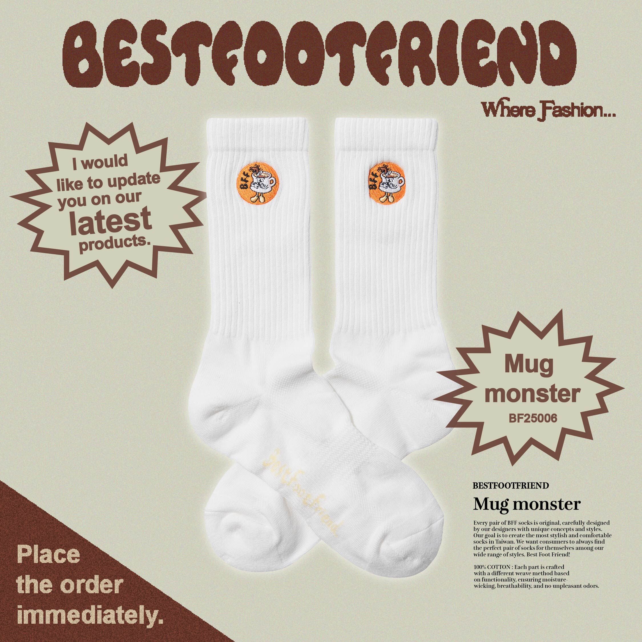 【逢甲 FUZZY】Best Foot Friend Mug Monster 杯子怪 BFF 襪子 白色 BF25006