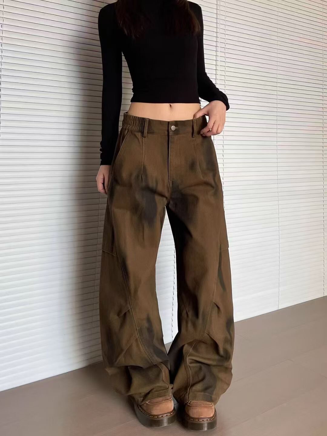 打褶鬆緊彎刀褲