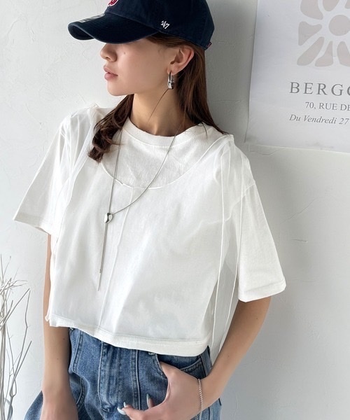 華麗的分層！ 100%棉薄紗對接多路短袖上衣