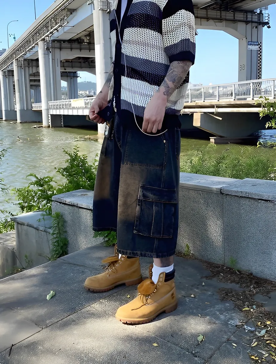 工裝 仿舊 口袋 牛仔 七分 短褲 七分褲