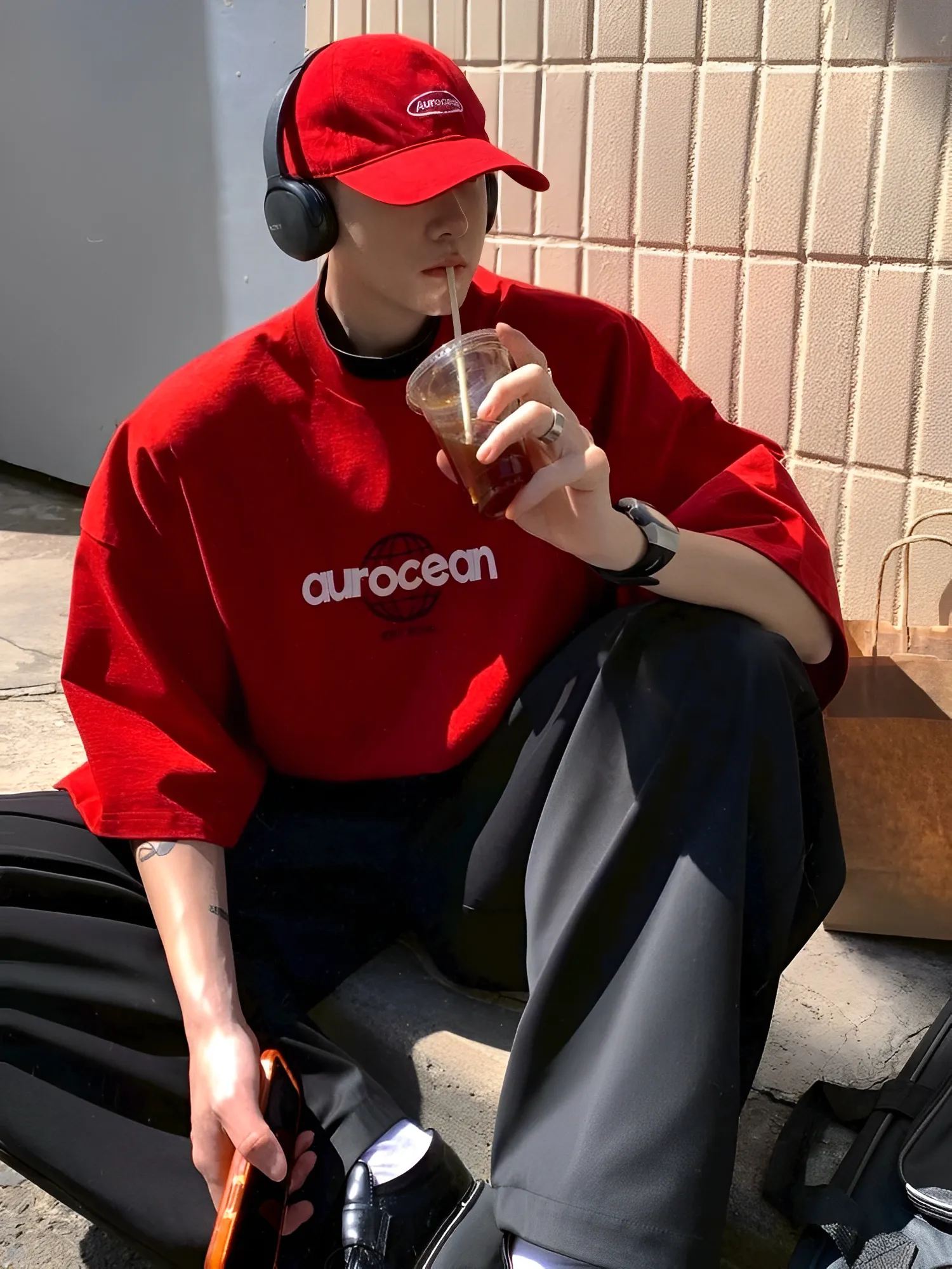 aurocean 雙色 寬鬆 造型 設計 落肩 短袖