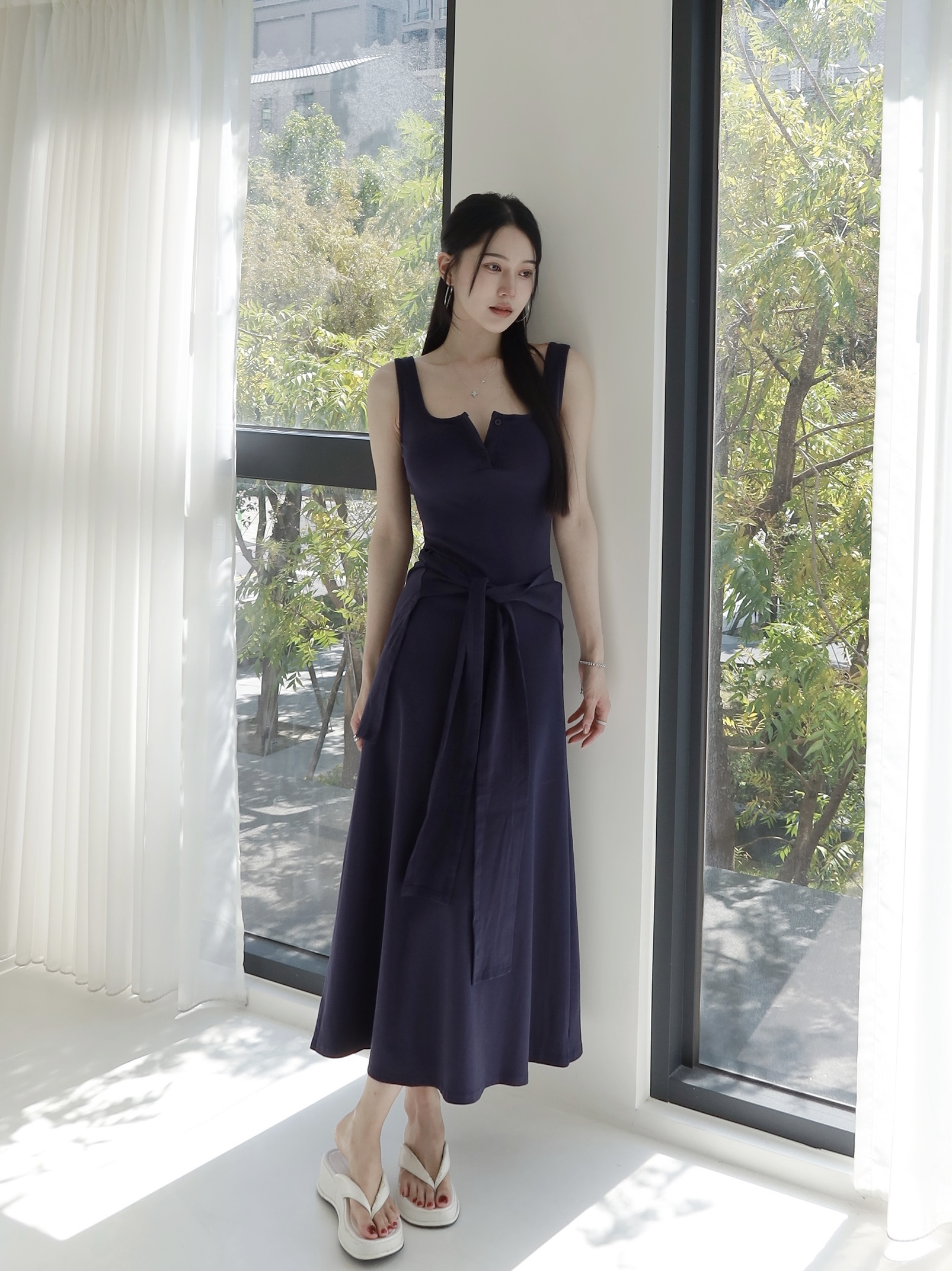 休閒排釦披肩兩件式連身裙