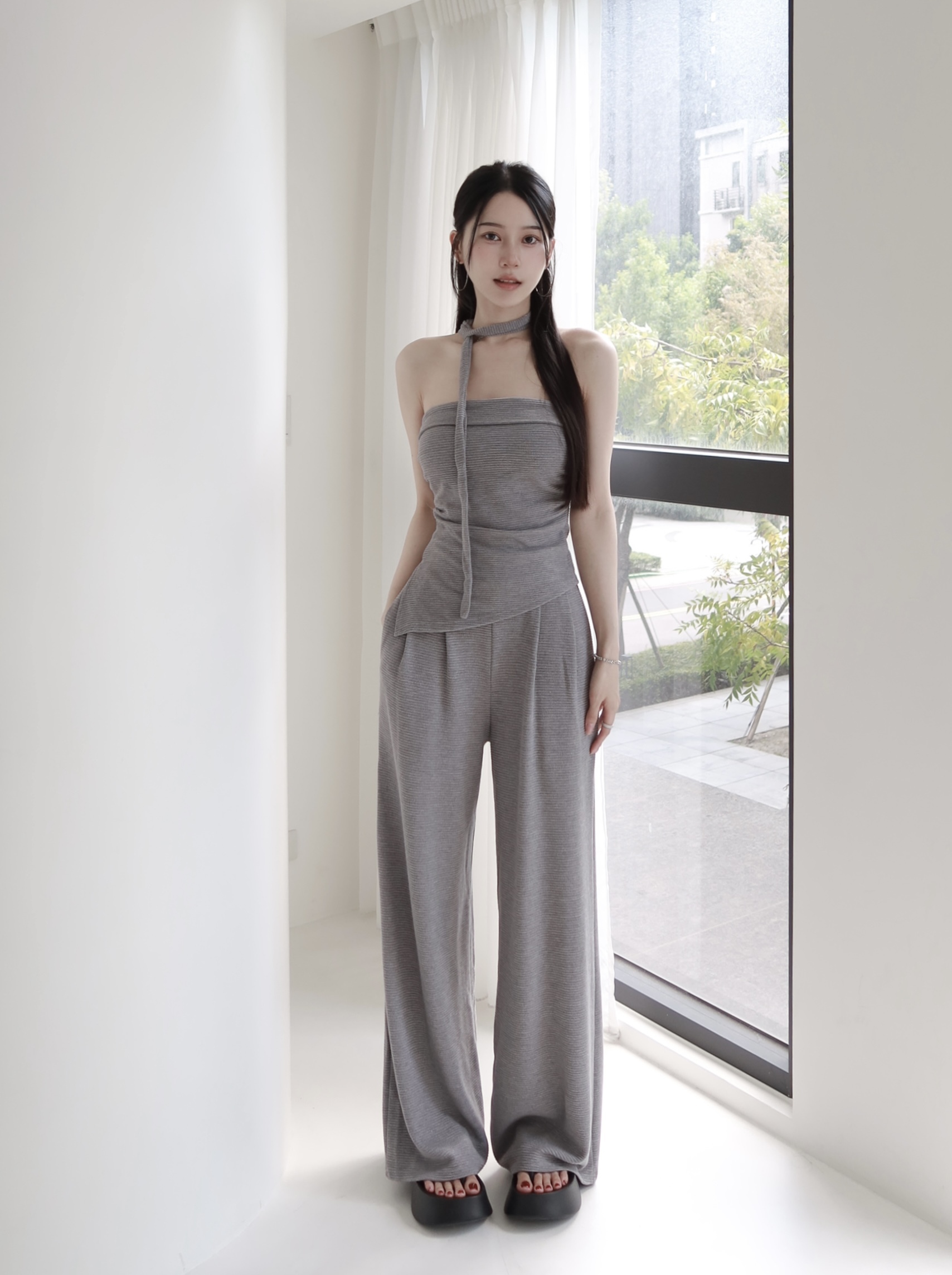 知性平口不對稱飄帶套裝