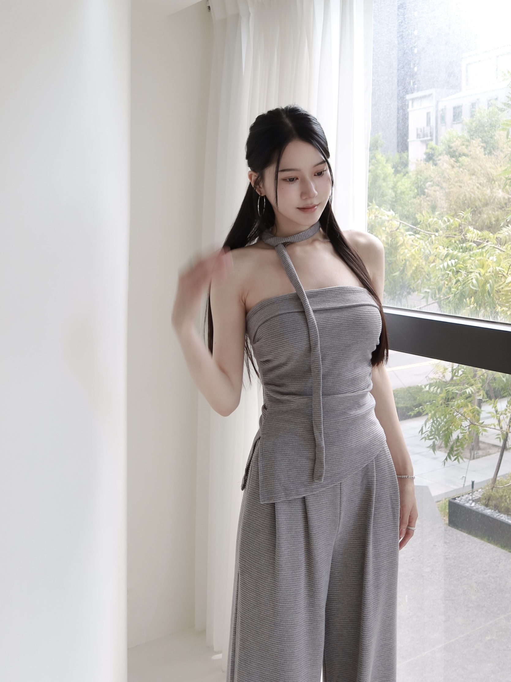 知性平口不對稱飄帶套裝