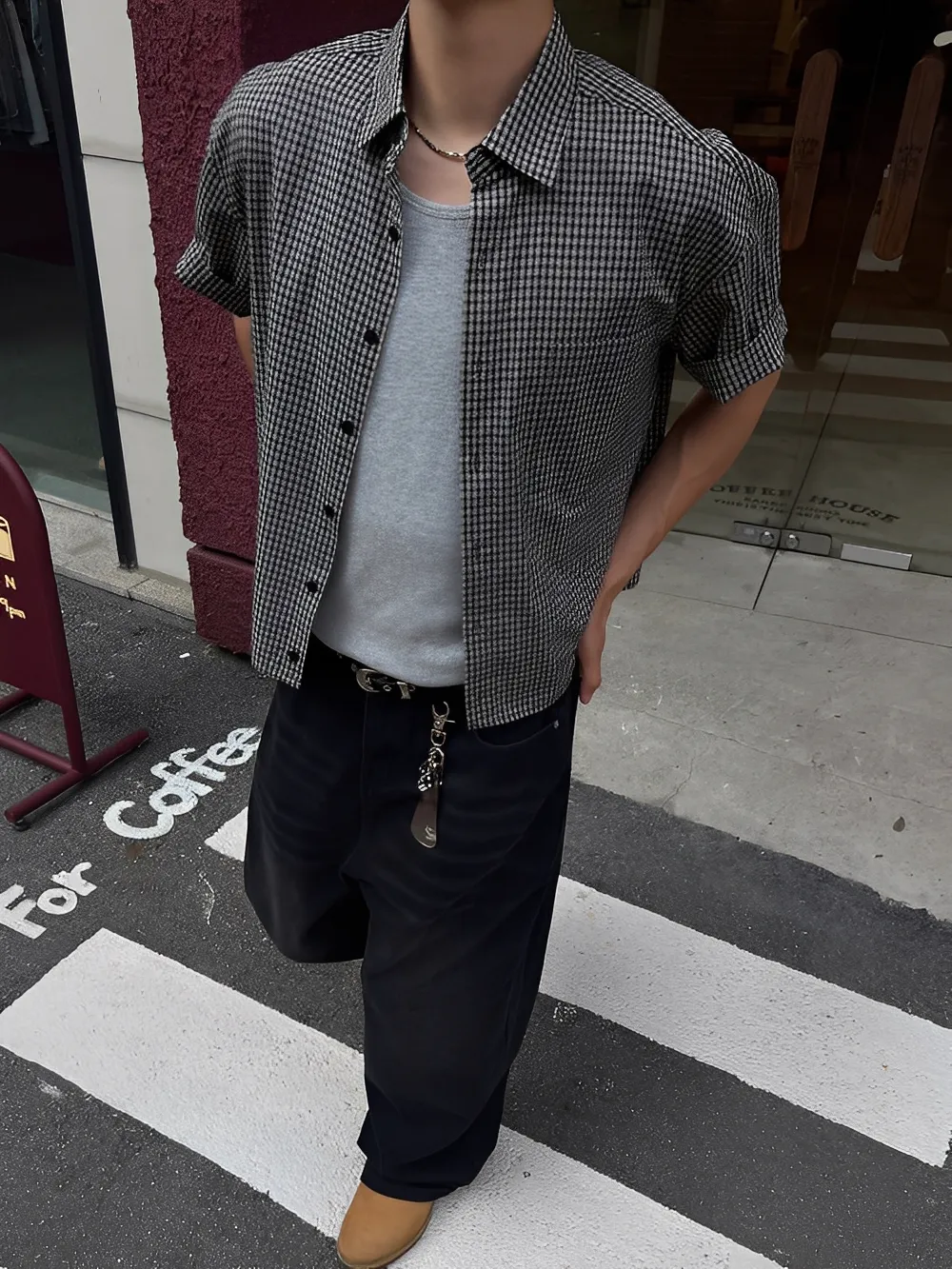 BOXY 格紋 口袋 寬鬆 短版 襯衫