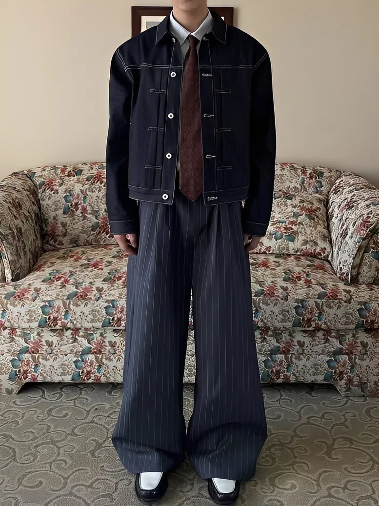 直條紋 垂感 皺摺 男女 西裝 長褲