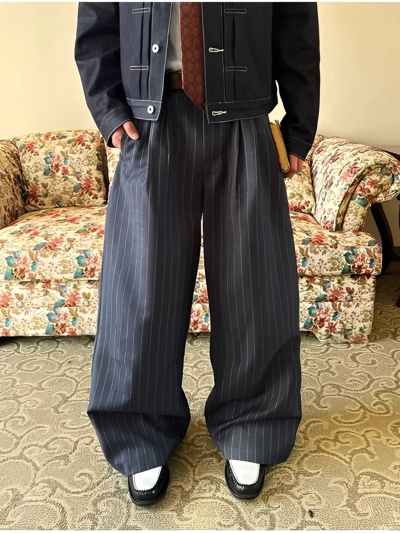 直條紋 垂感 皺摺 男女 西裝 長褲