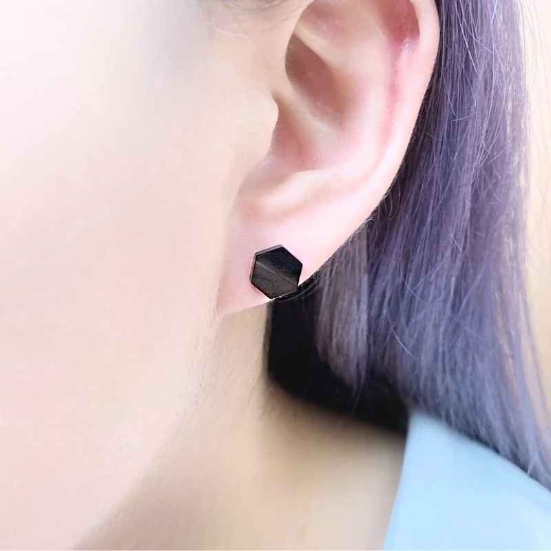 抗敏鋼 平面黑色六角造型鎖珠式耳環(單支價)