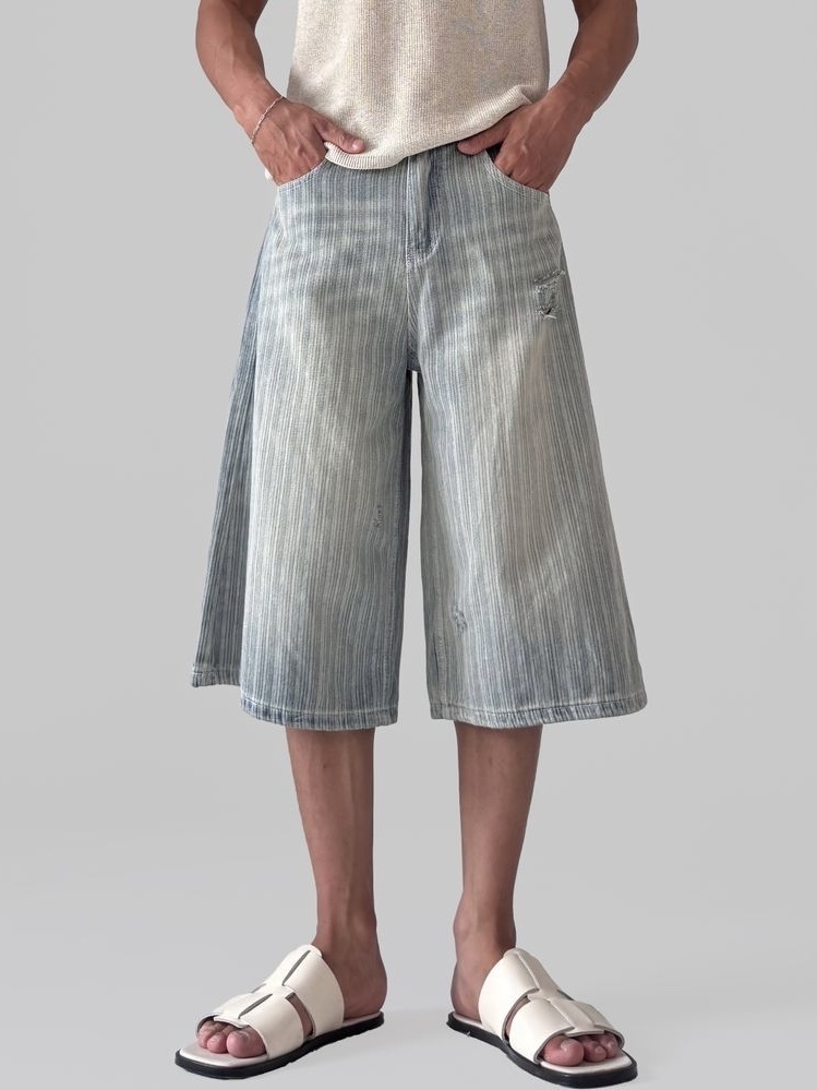 迪爾條紋百慕達牛仔短褲