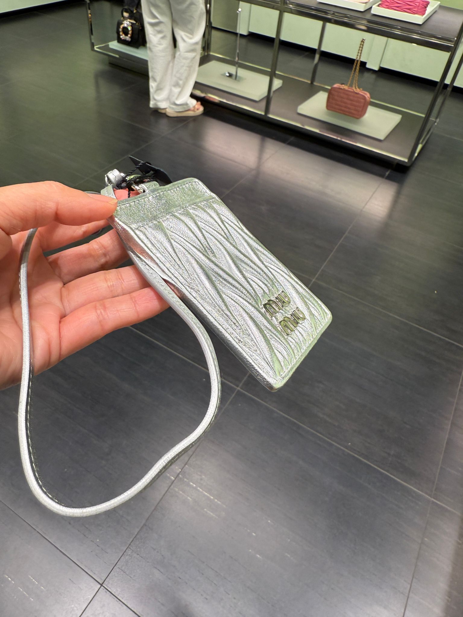 Miumiu Pearl Gray Matelassé Nappa Leather Badge Holder Silver 5MC016