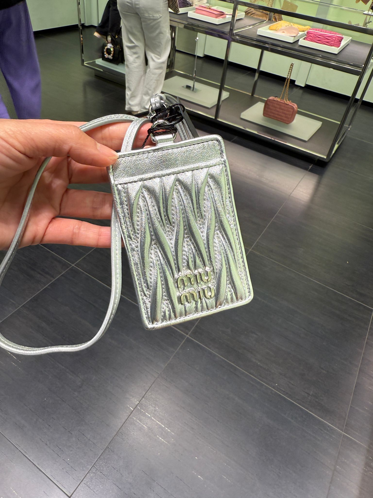 Miumiu Pearl Gray Matelassé Nappa Leather Badge Holder Silver 5MC016