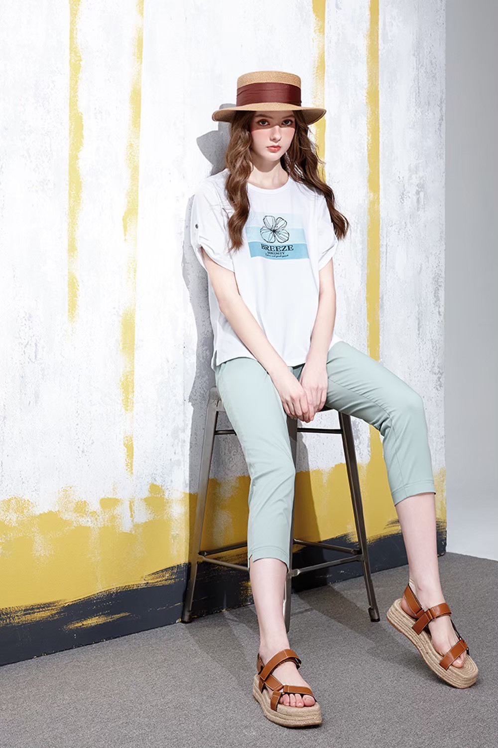 時尚涼感紗褲口斜邊長短設計修身顯瘦七分褲W6582