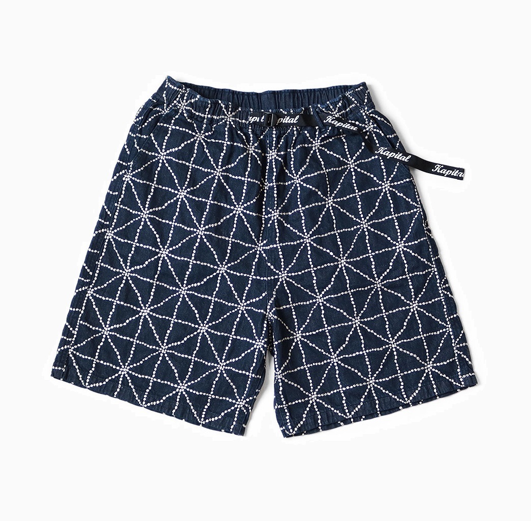9/20 RE-STOCK: KAPITAL 2025 8oz DENIM FOLK-DOJO Embroidered EASY SHORTS - PRE ORDER ITEM (預訂中)
