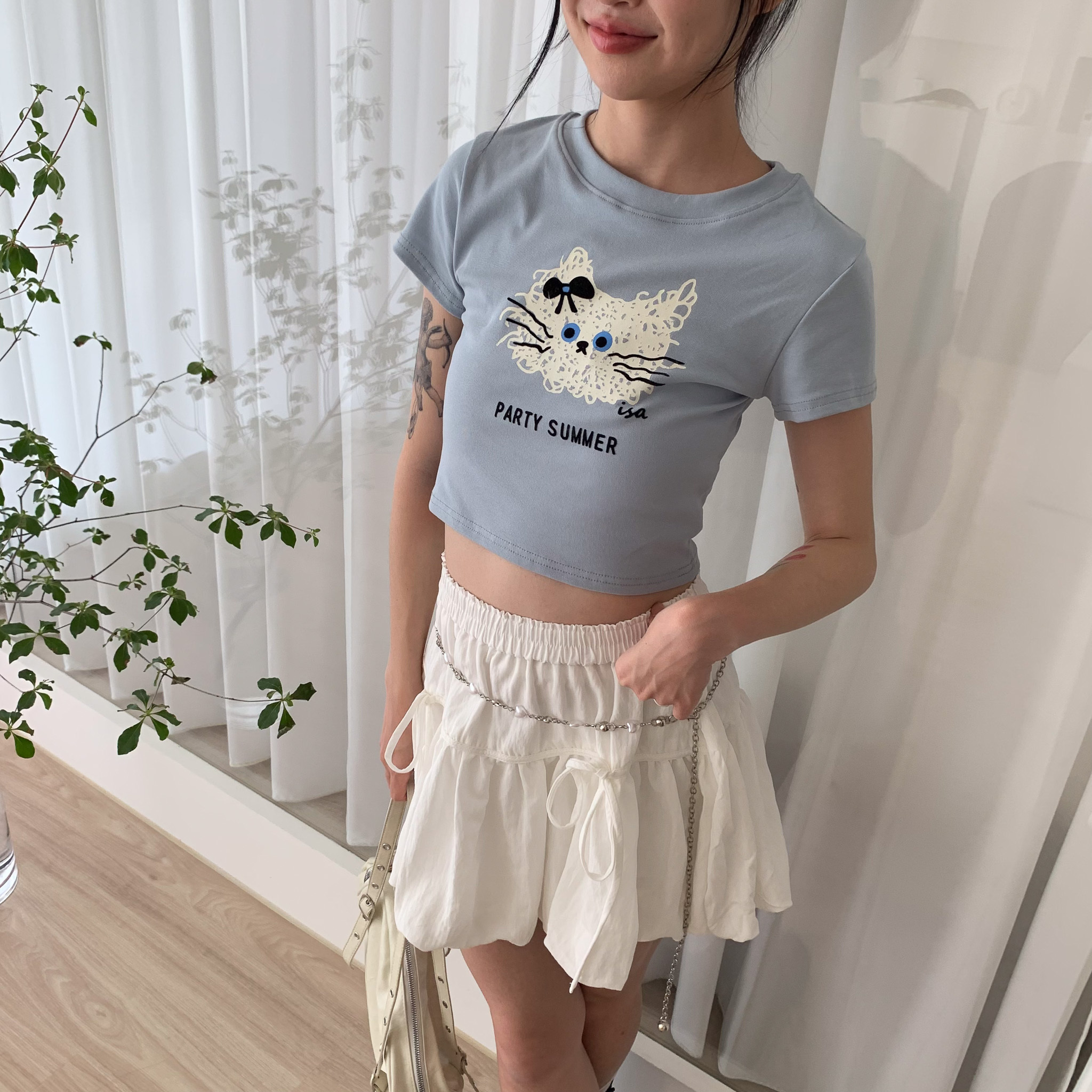 ISA_【ISA MADE】炸毛捲捲貓! 手繪插畫正肩短tee_57066