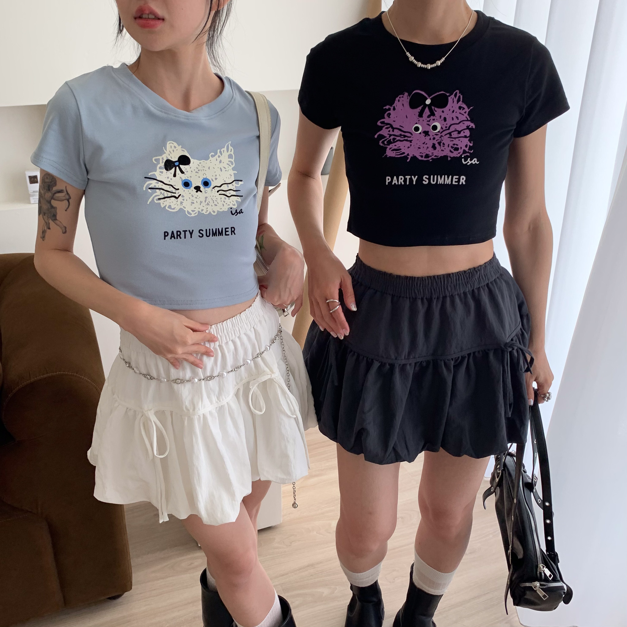 ISA_【ISA MADE】炸毛捲捲貓! 手繪插畫正肩短tee_57066