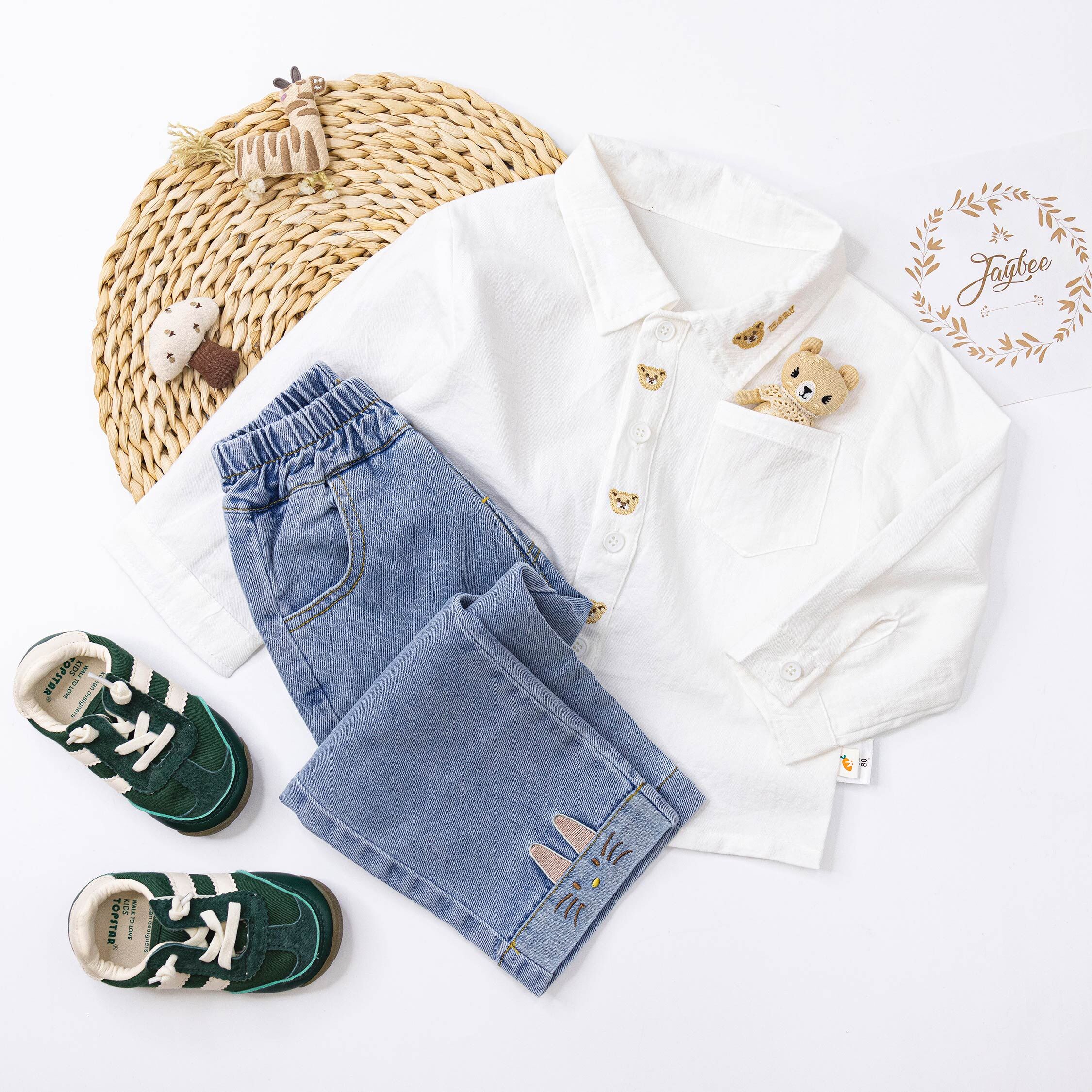 【H55276】可愛熊熊刺繡棉質上衣/襯衫