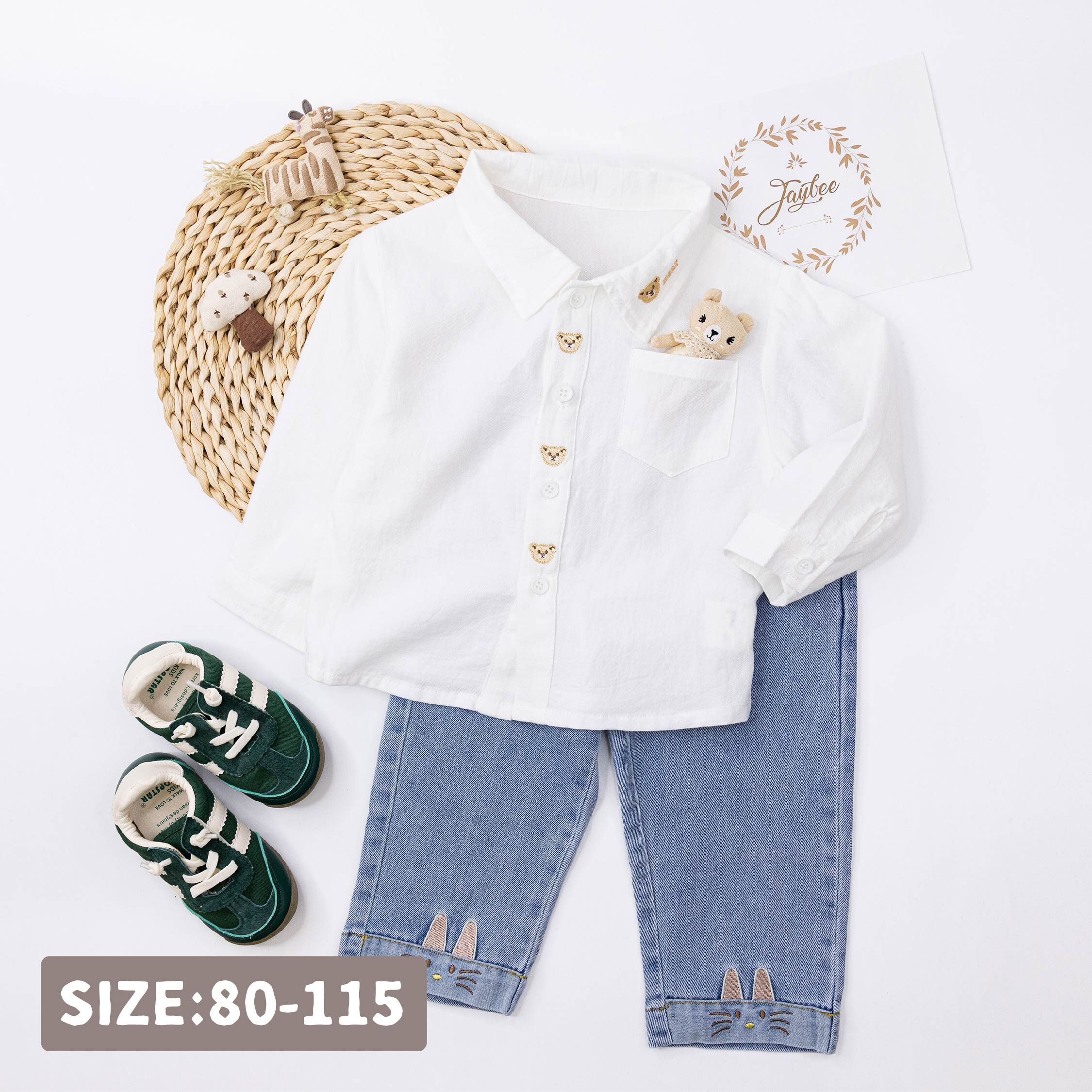 【H55276】可愛熊熊刺繡棉質上衣/襯衫