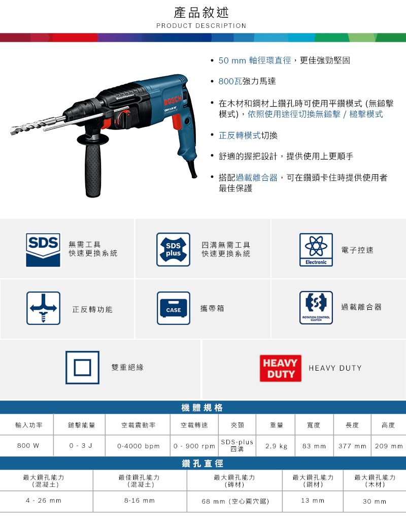 BOSCH 博世 四溝 二用 電鎚鑽 GBH 2-26 RE 0611251705