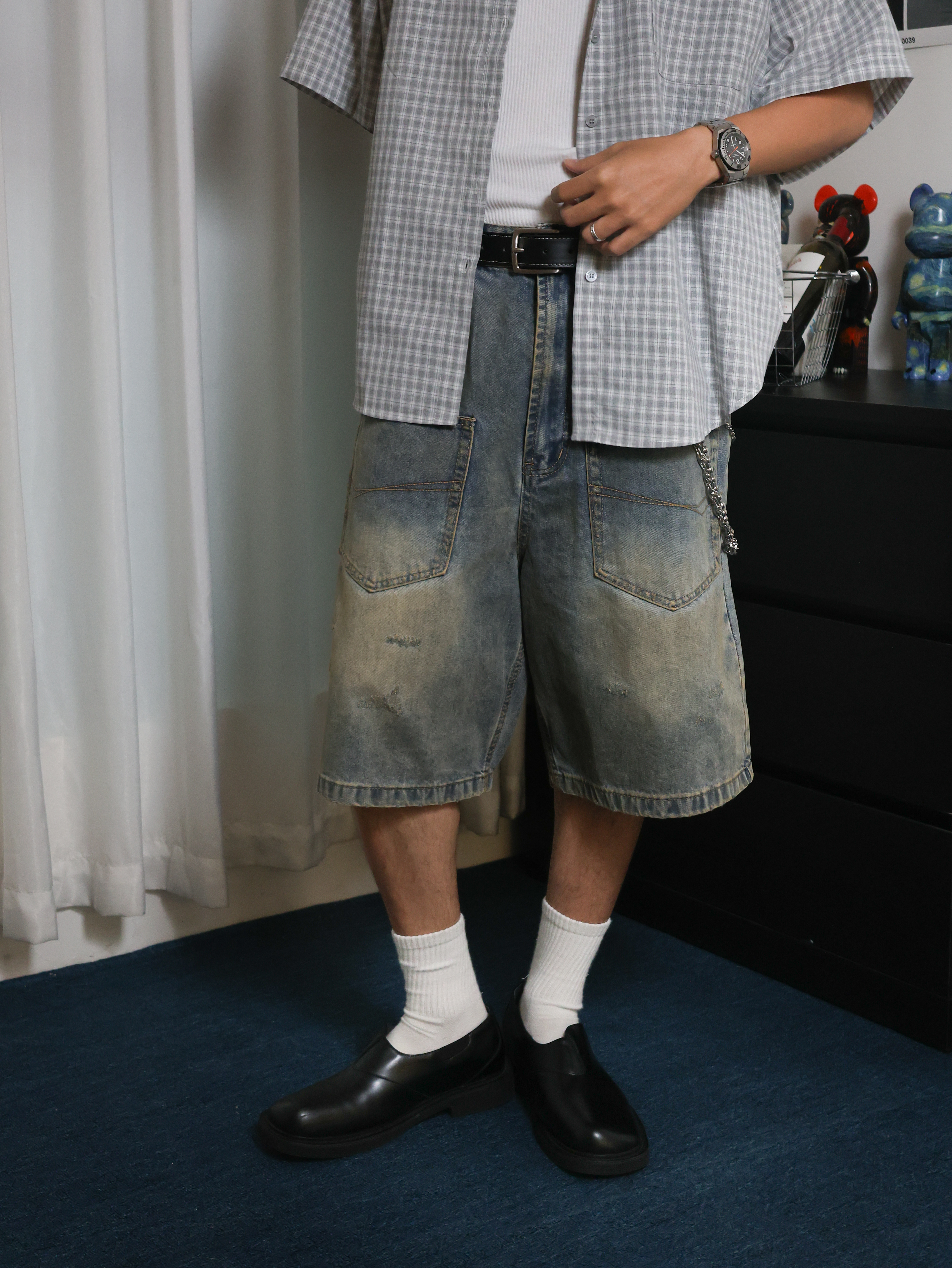 （現貨）NJ222日系 做舊 前口袋設計 水洗刷色 牛仔短褲